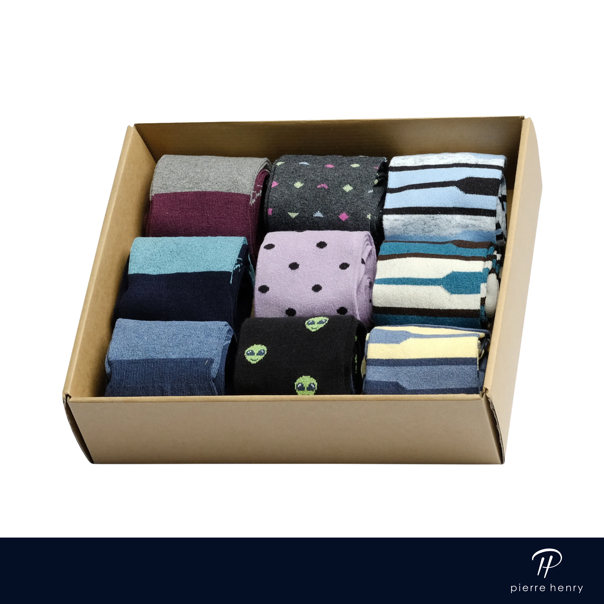 box of dress socks for men, blue dress socks, black dress socks, burgundy dress socks, patterned and lined dress socks