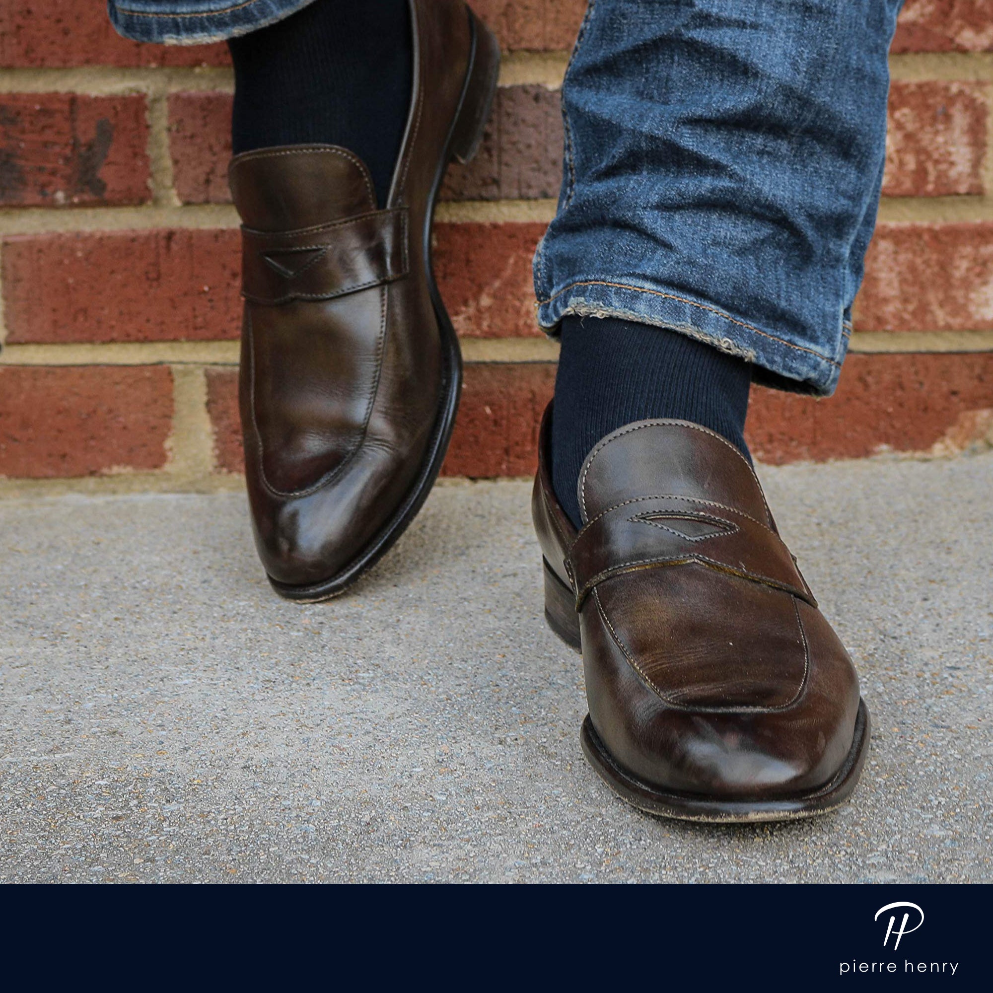 solid navy blue over the calf dress socks, brown dress shoes, blue jeans