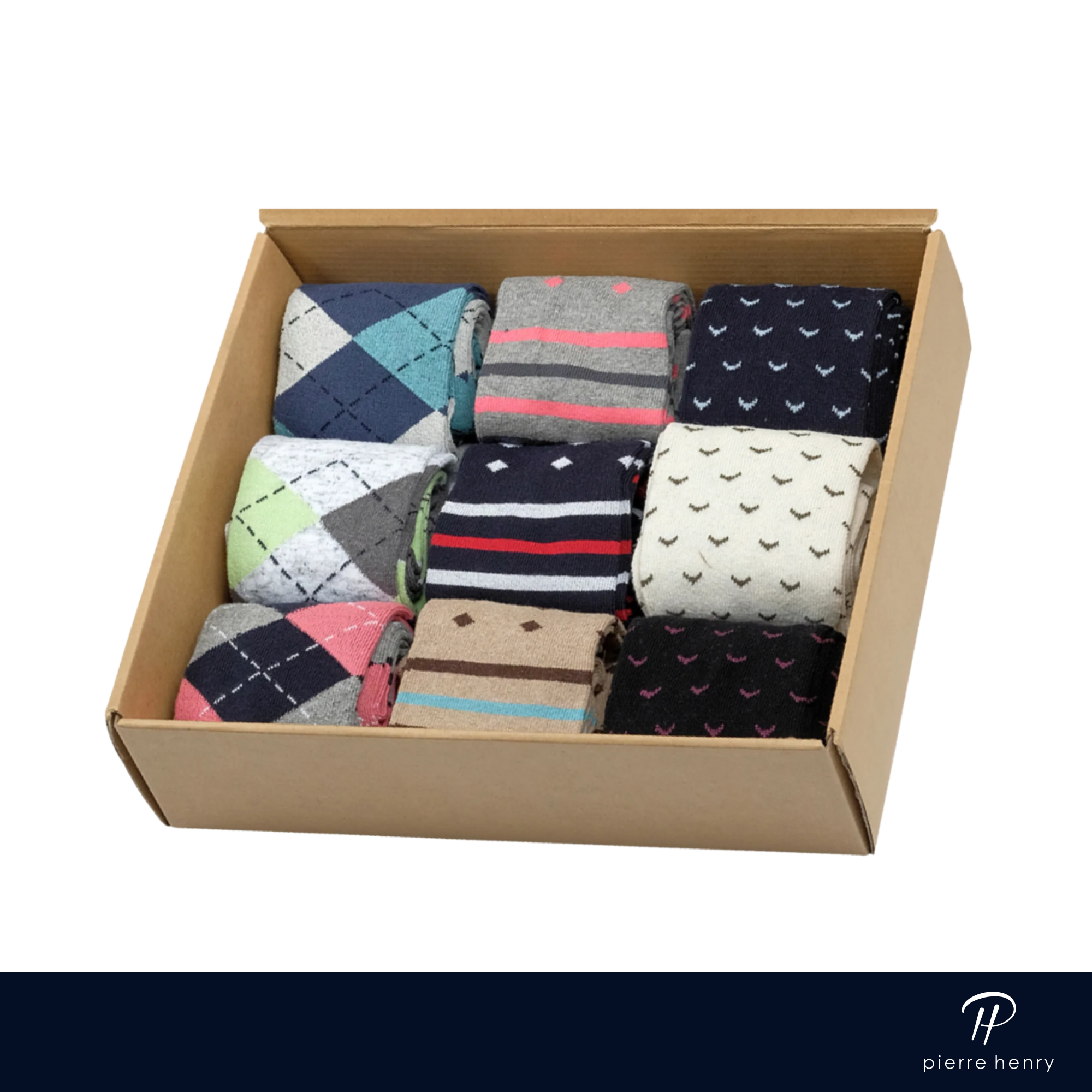 box of dress socks for men, colored dress socks, stripes and diamond dress socks, argyle dress socks, patterned dress socks