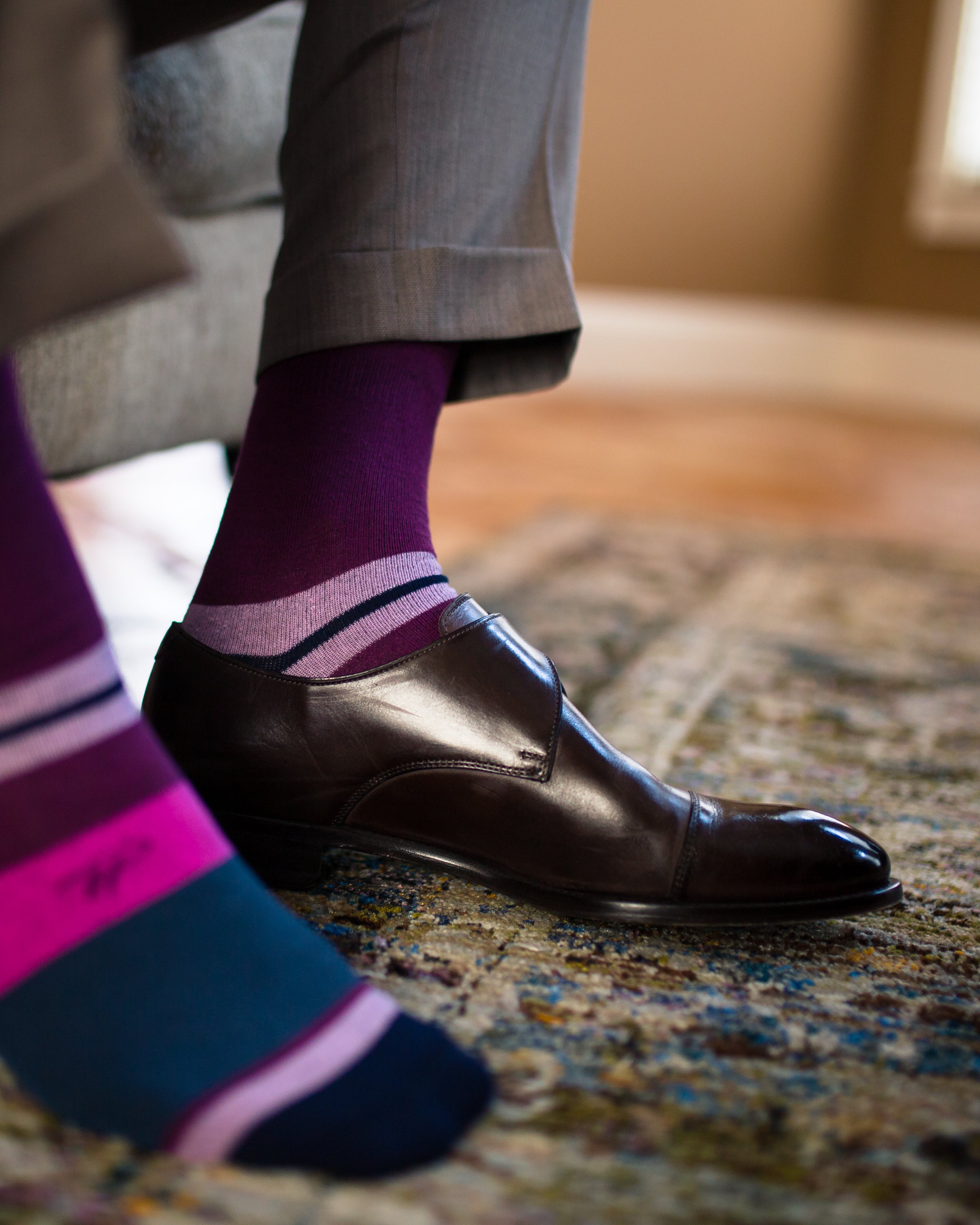 burgundy over the calf dress socks with navy and pink stripes, brown dress shoe, light brown dress pants