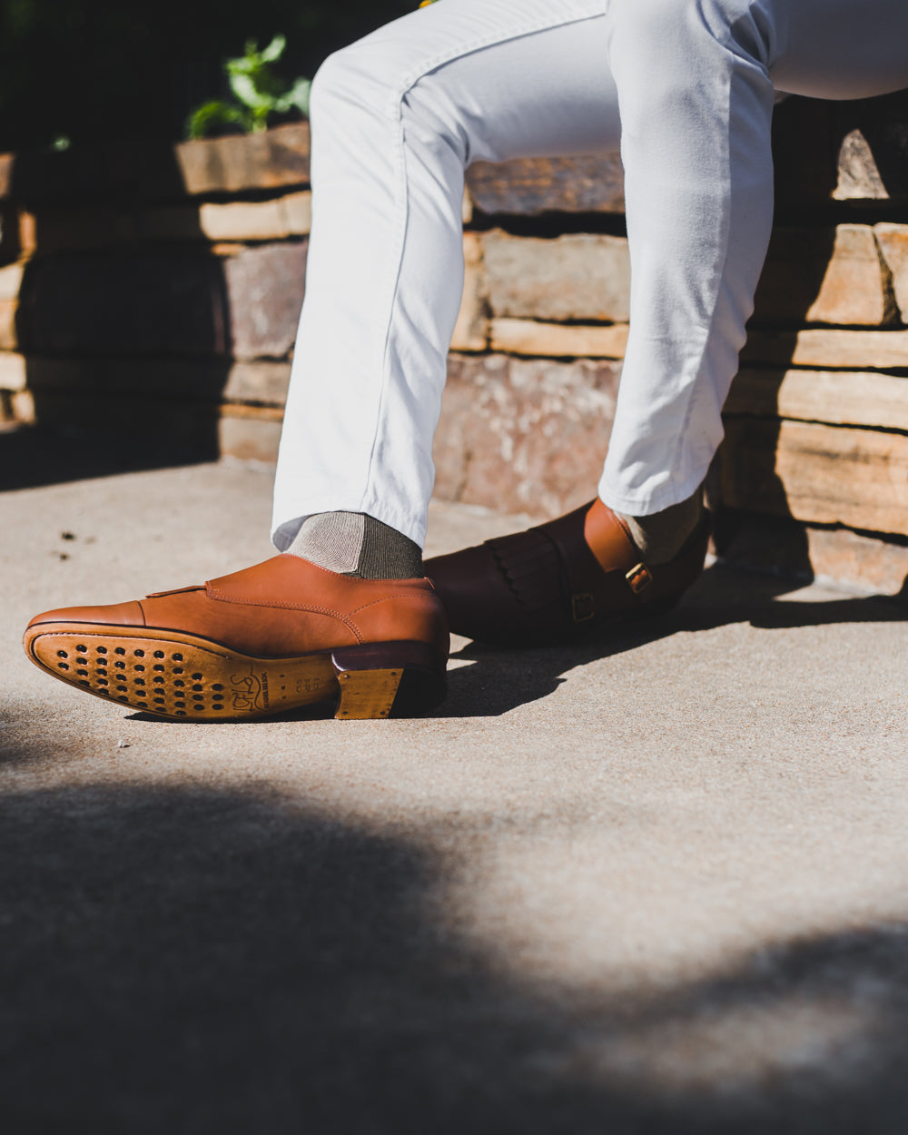 light grey over the calf dress socks with brown stripe, white pants, brown dress shoes