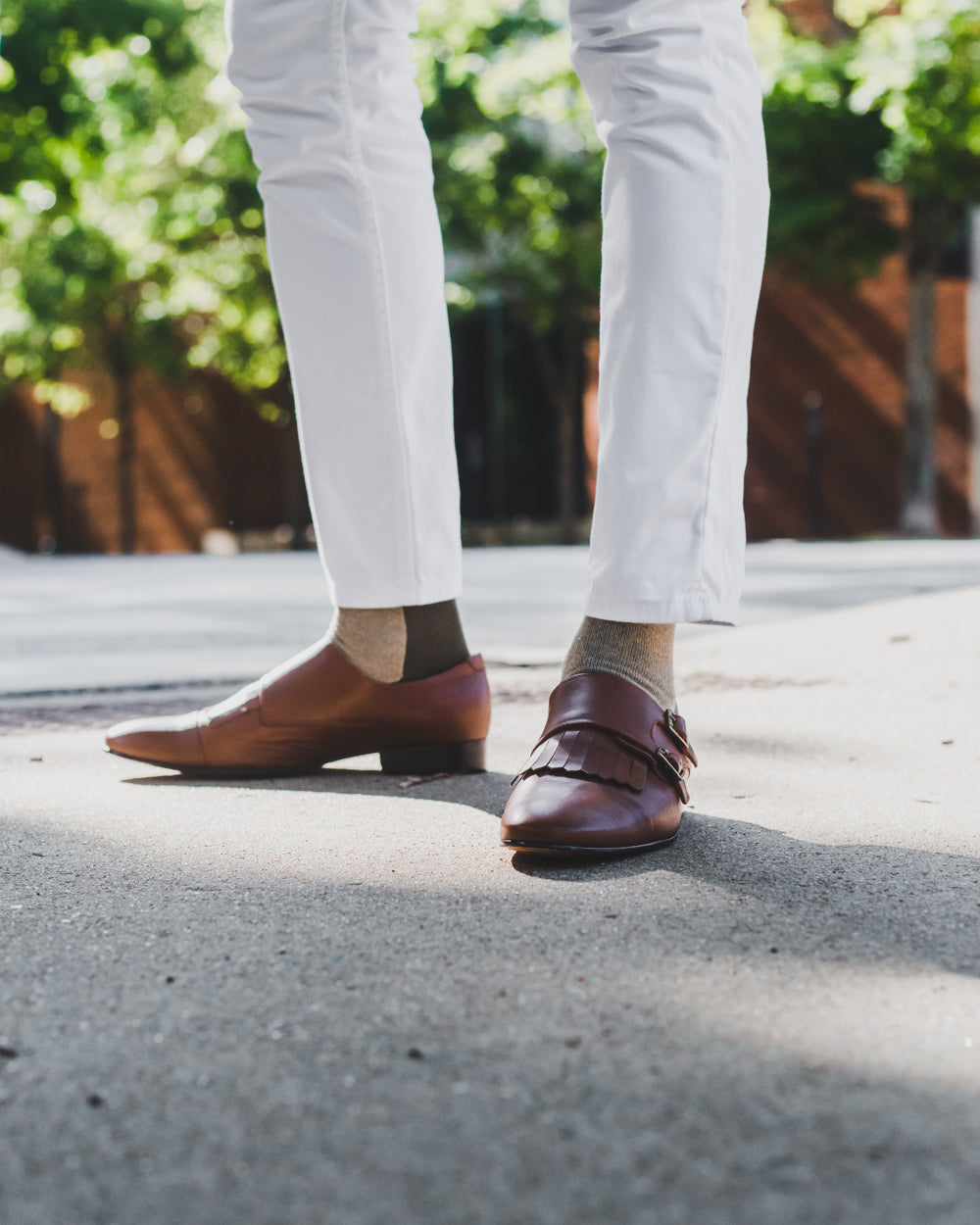 light brown over the calf dress socks with brown stripe, white pants, brown dress shoes, bushes in thee background
