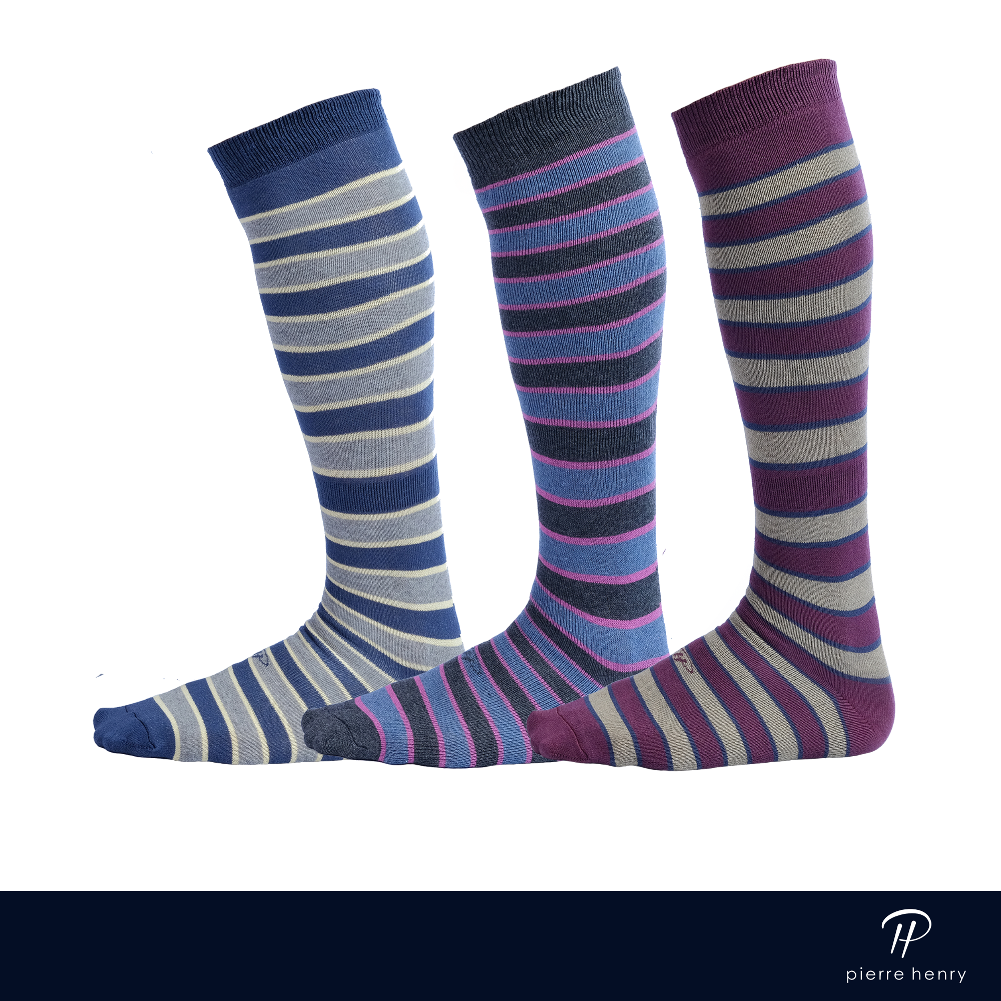 navy blue dress socks with light grey stripes, black dress socks with blue stripes, burgundy dress socks with grey stripes