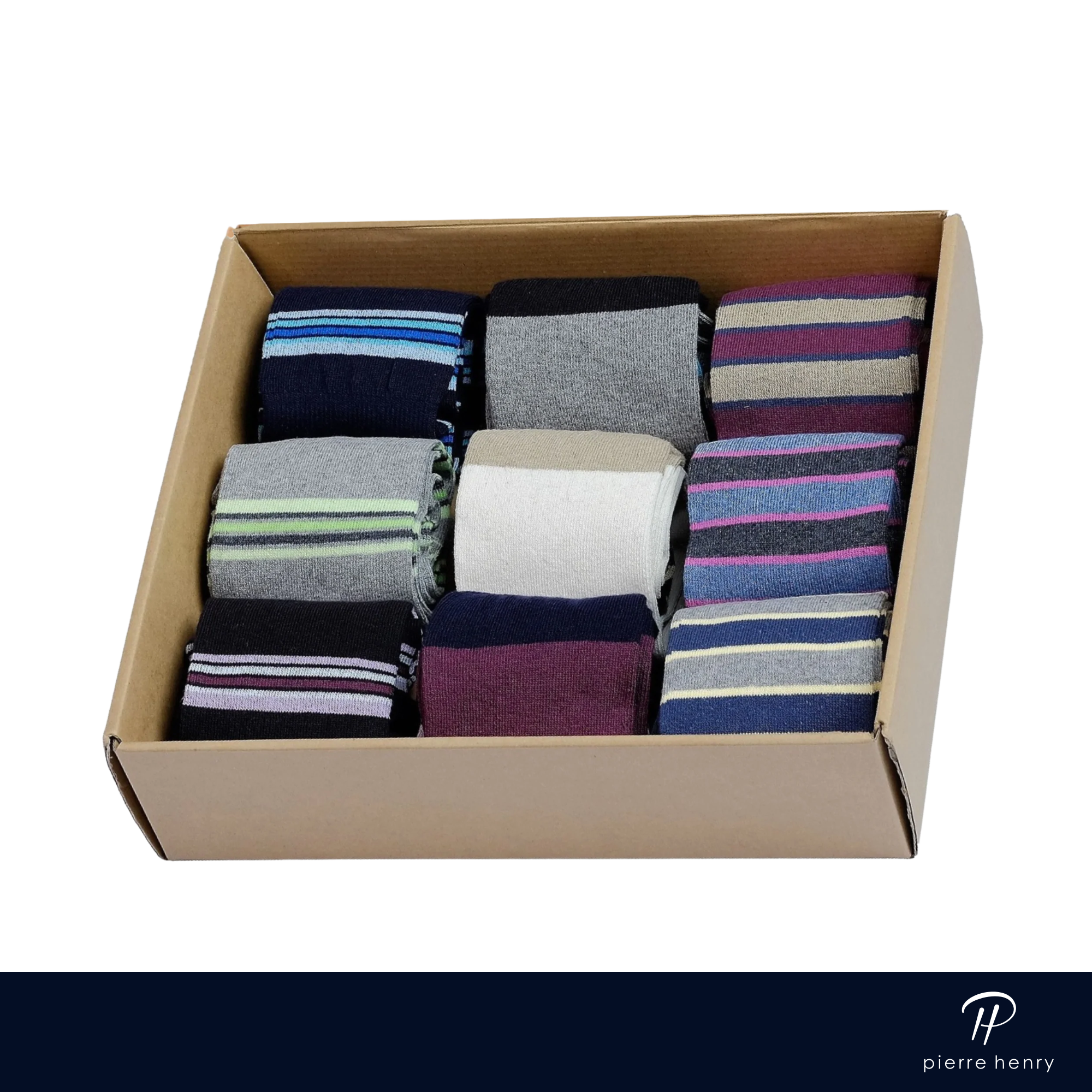 box of over the calf dress socks for men, navy dress socks, burgundy dress socks, grey dress socks, striped dress socks