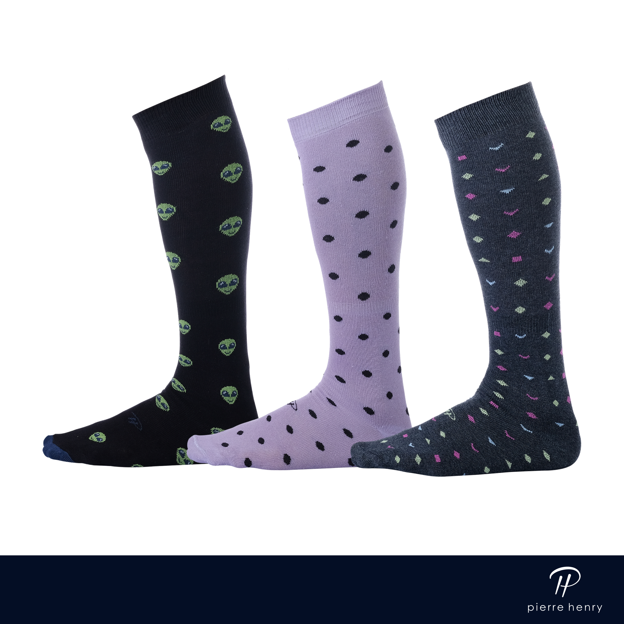 black dress socks with green aliens, light purple dress socks with black polka dots, grey dress socks with colored shapes