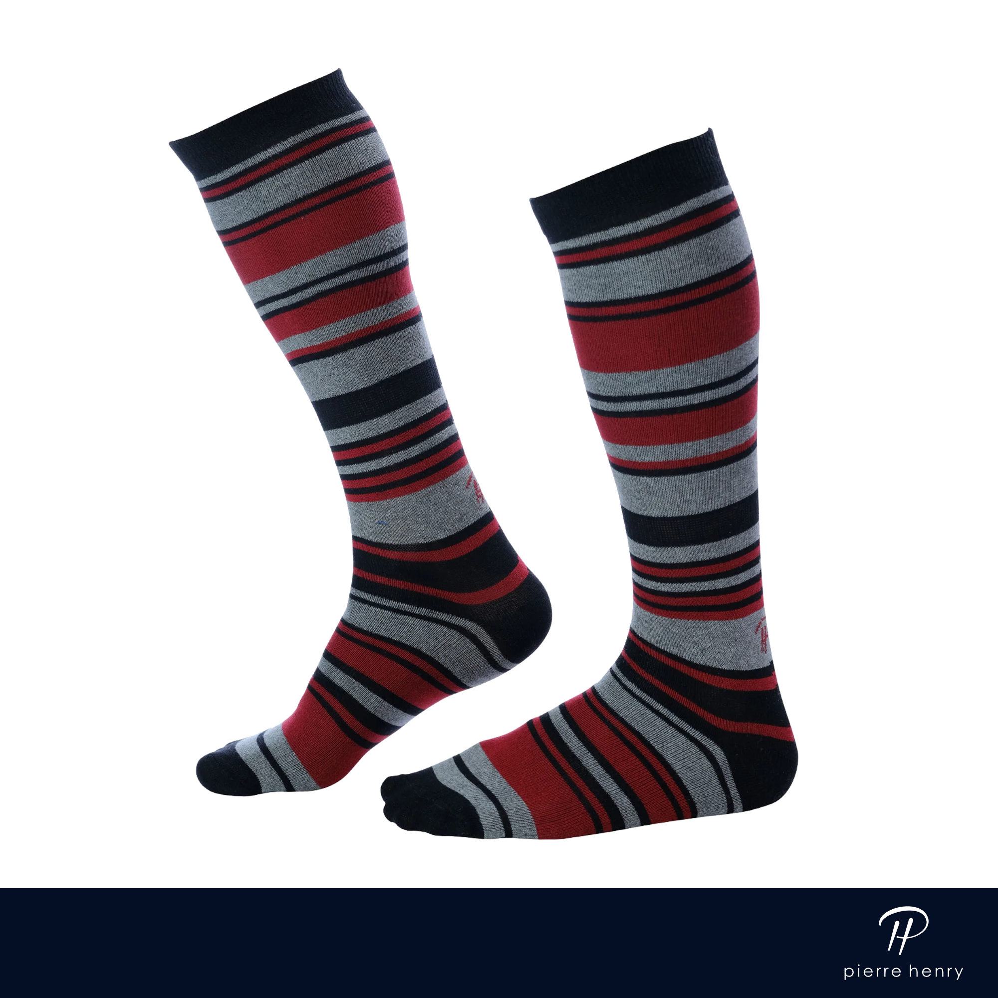 black grey and red striped over the calf dress socks