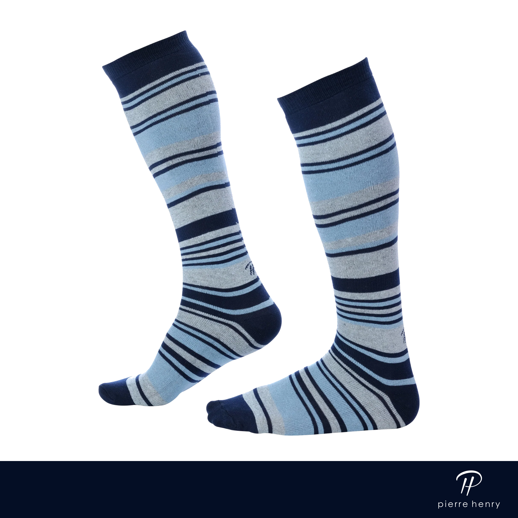 navy blue light grey and light blue striped over the calf dress socks