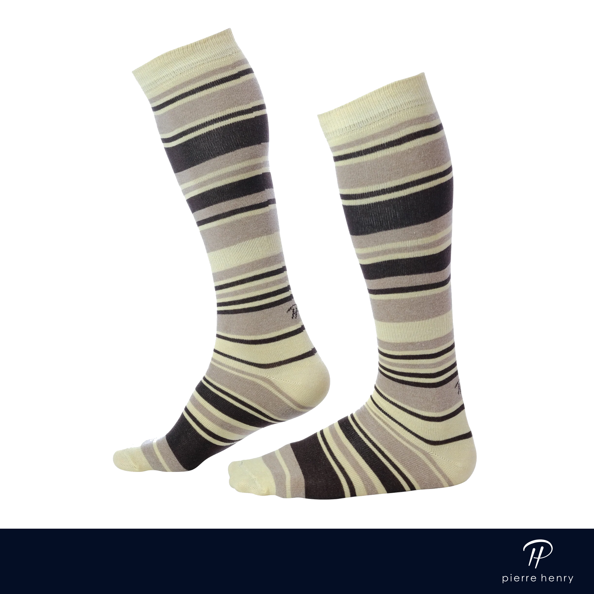 yellow brown and beige striped over the calf dress socks
