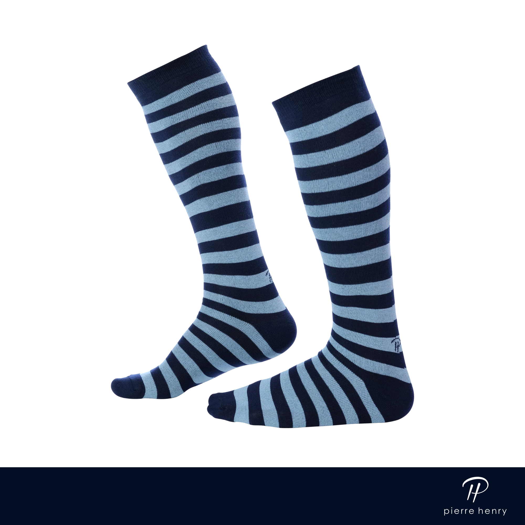 light blue and navy blue striped over the calf dress socks