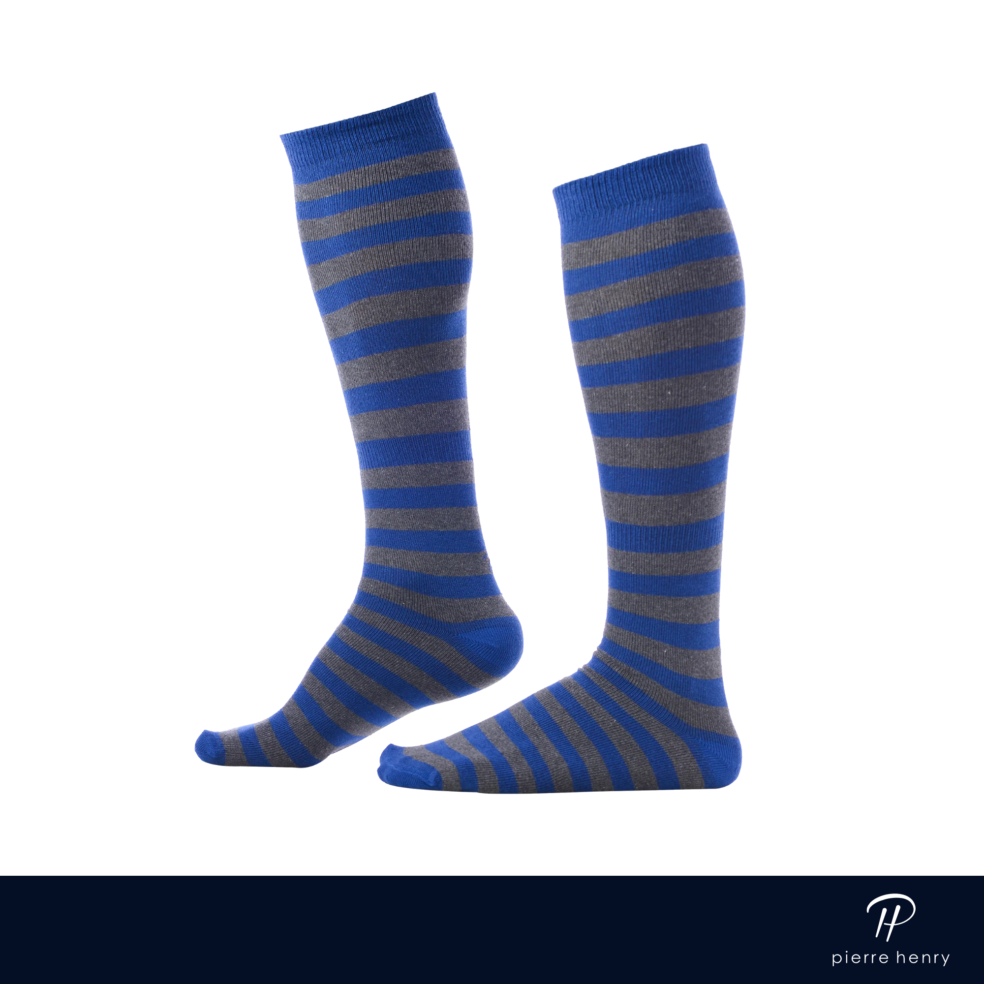 grey and blue striped over the calf dress socks
