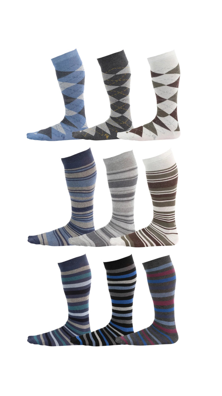 Blue, gray, and white assorted prints of over the calf socks
