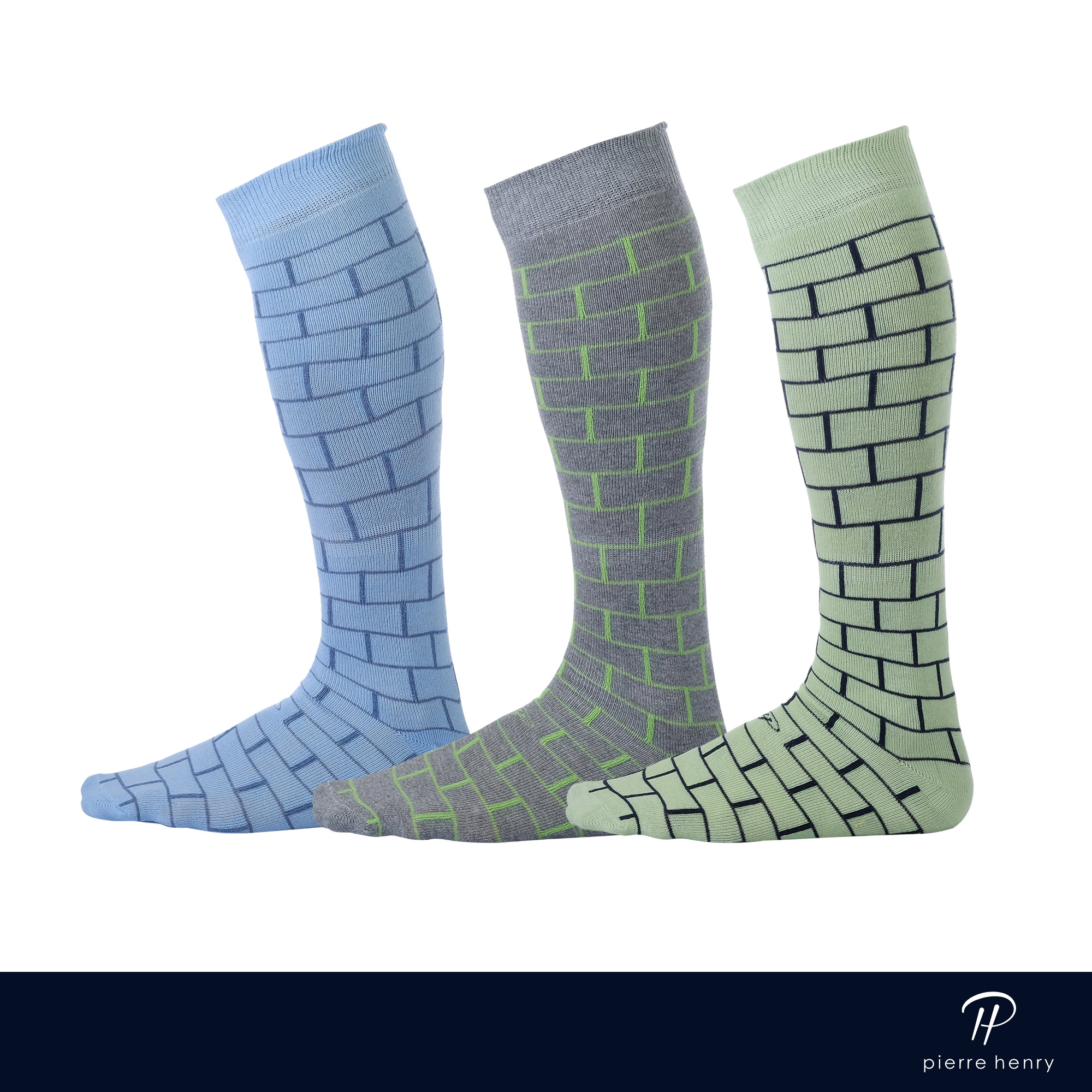 colored brick pattern, light blue over the calf dress socks, grey over the calf dress socks, light green over the calf dress socks