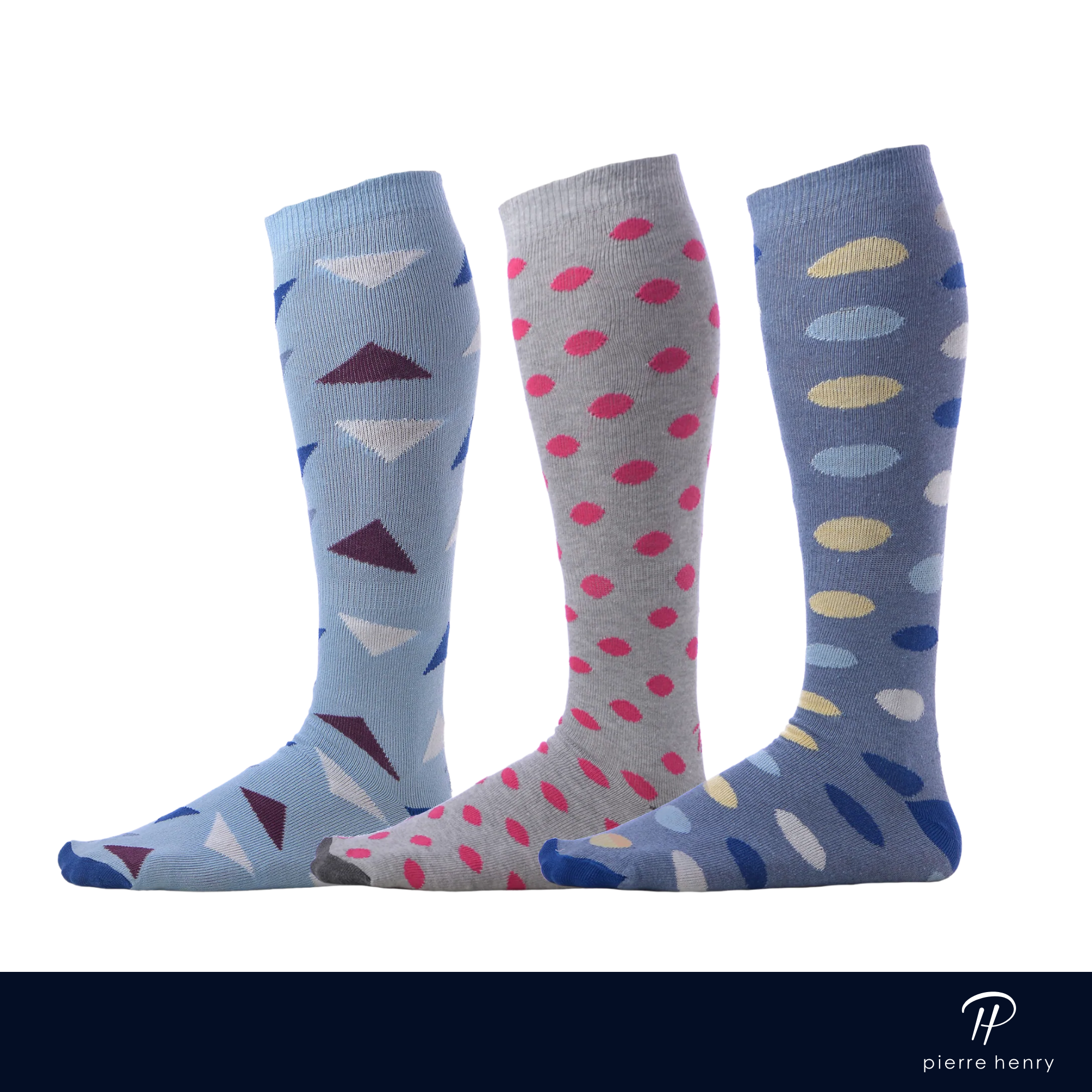 light blue dress socks with colored triangles, light grey dress socks with pink polka dots, royal blue dress socks with colored oval pattern