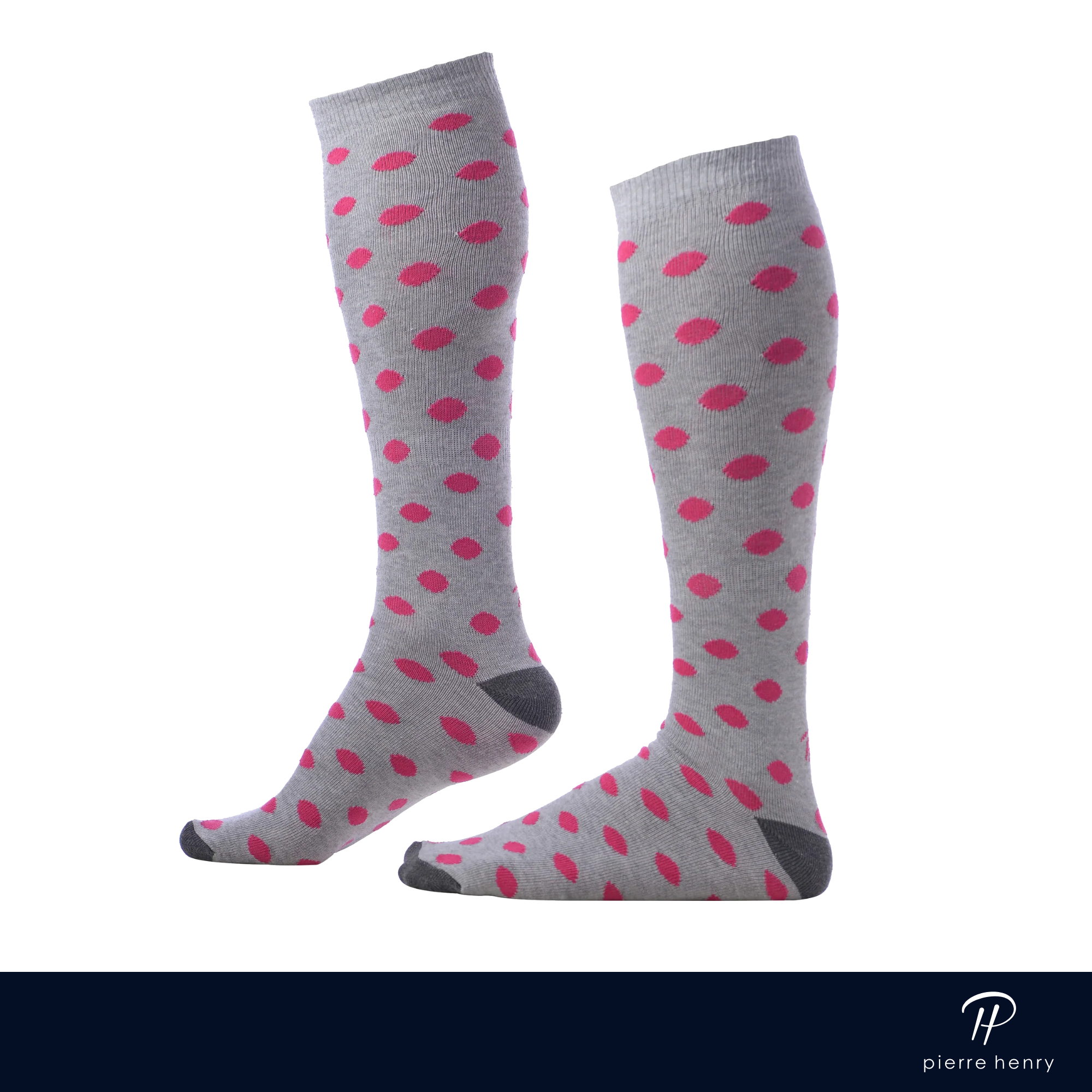 light grey over the calf dress socks with pink polka dots and grey toe and heel