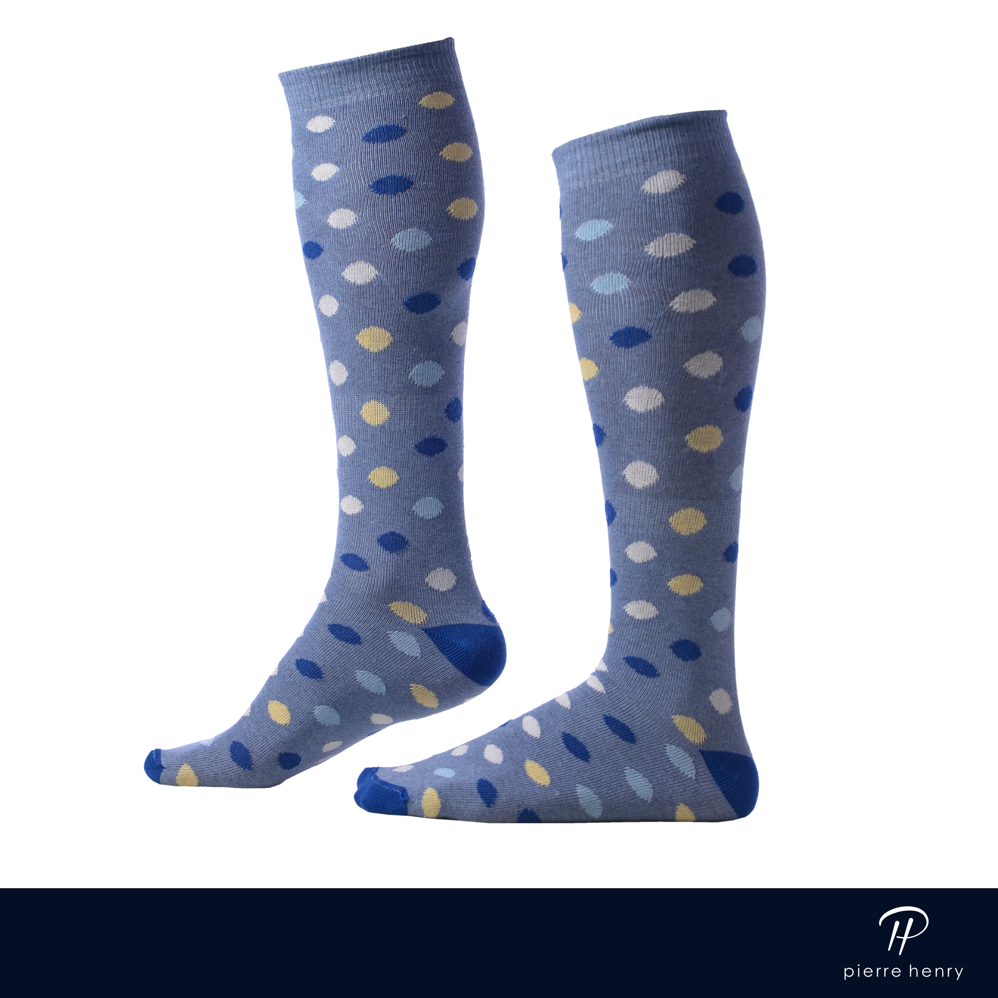 blue over the calf dress socks with yellow light blue and royal blue ovals and royal blue toe and heel