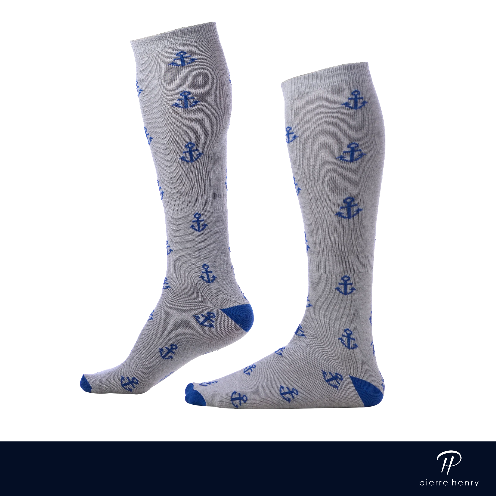 light grey over the calf dress socks with blue anchor prints and blue toe and heel