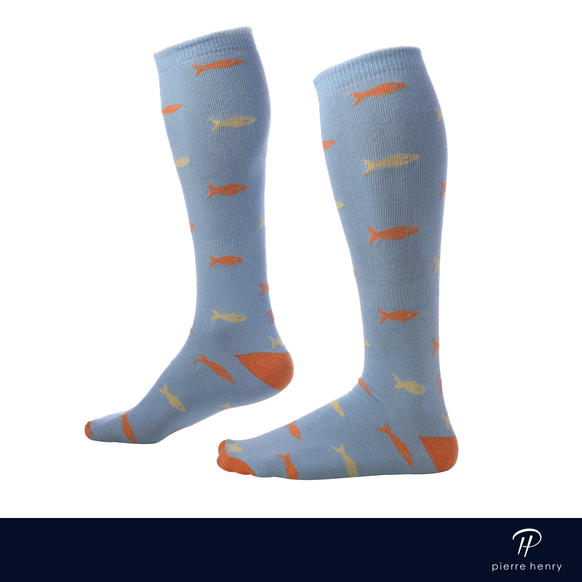blue over the calf dress socks with orange and yellow fish and orange toe and heel