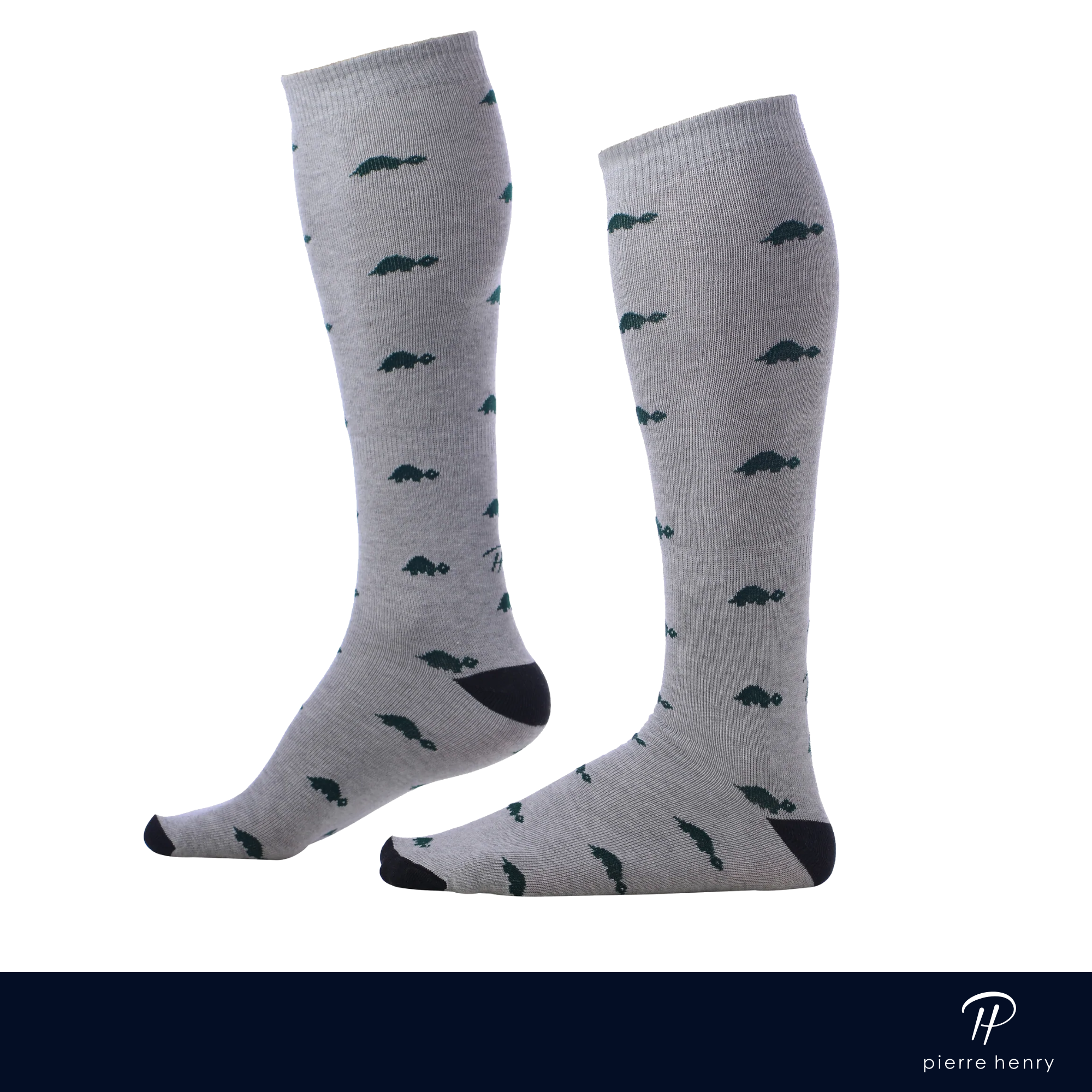 light grey over the calf dress socks with green turtles and black toe and heel