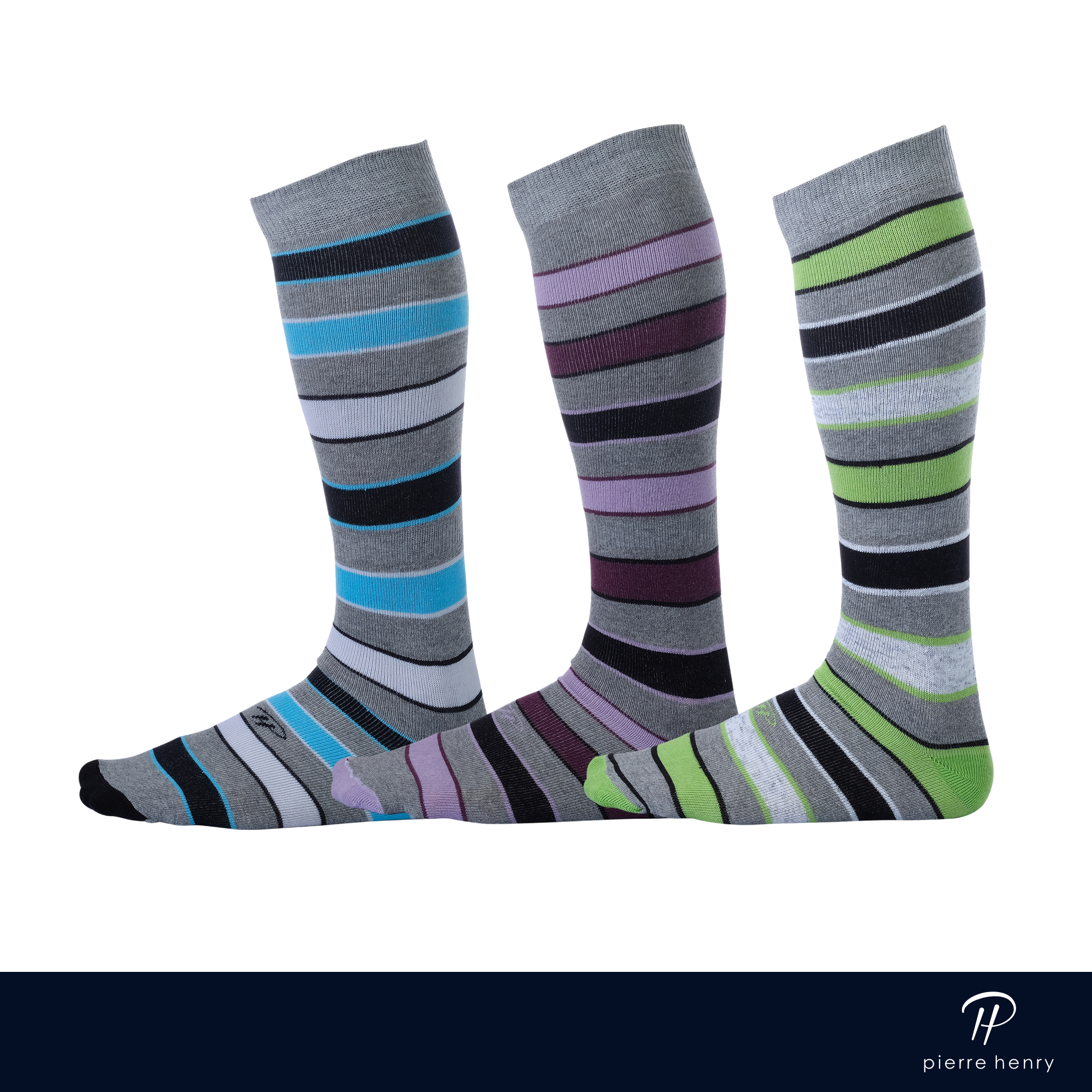 three different pairs of light grey over the calf dress socks with different colored stripes 