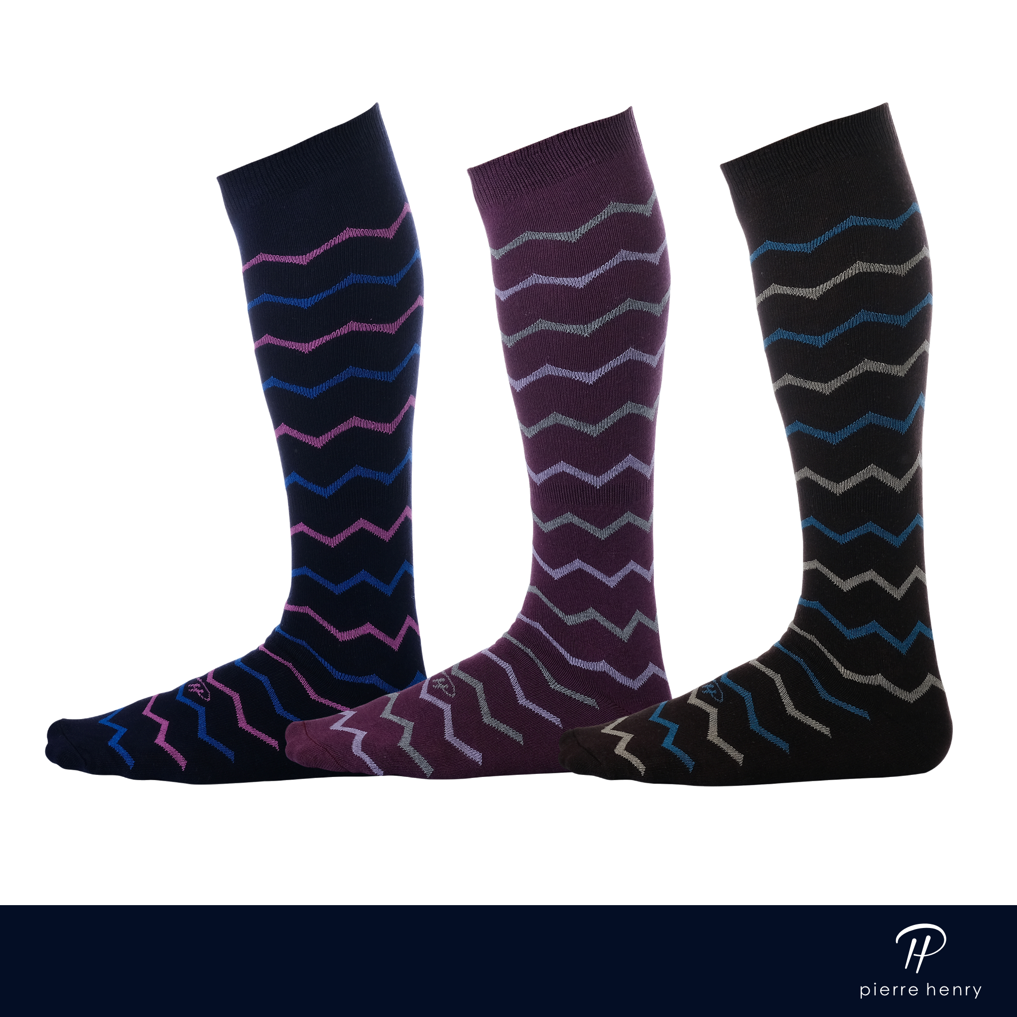 black dress socks with blue and pink zigzags, burgundy dress socks with grey zigzags, brown dress socks with blue and beige zigzags