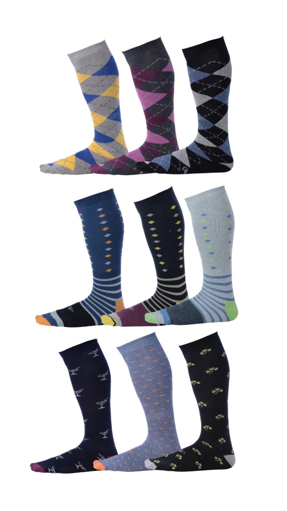 argyle striped and diamond pattern and fun pattern over the calf dress socks in light grey, navy blue, black, blue, and grey