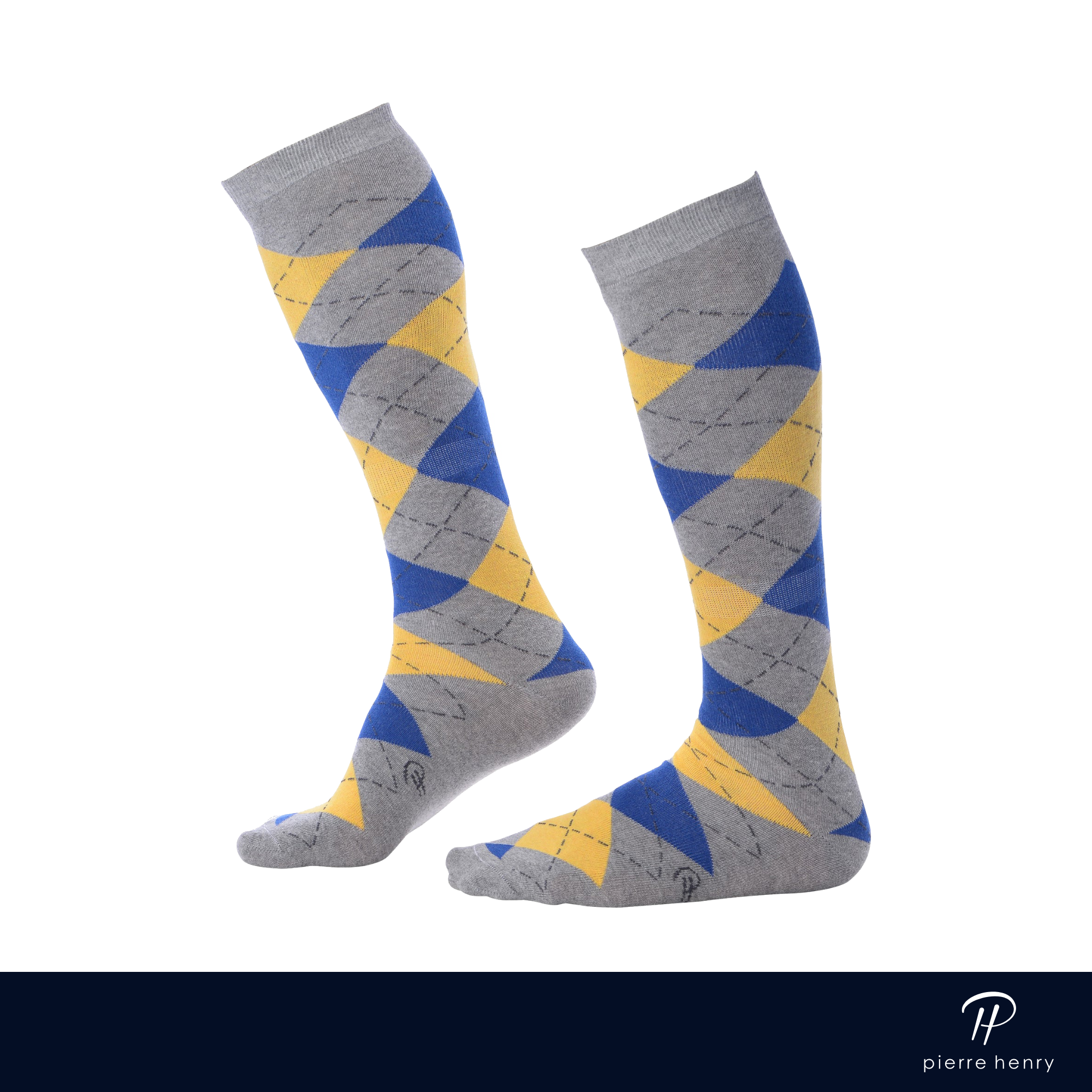 light grey over the calf dress socks with blue and yellow diamond pattern