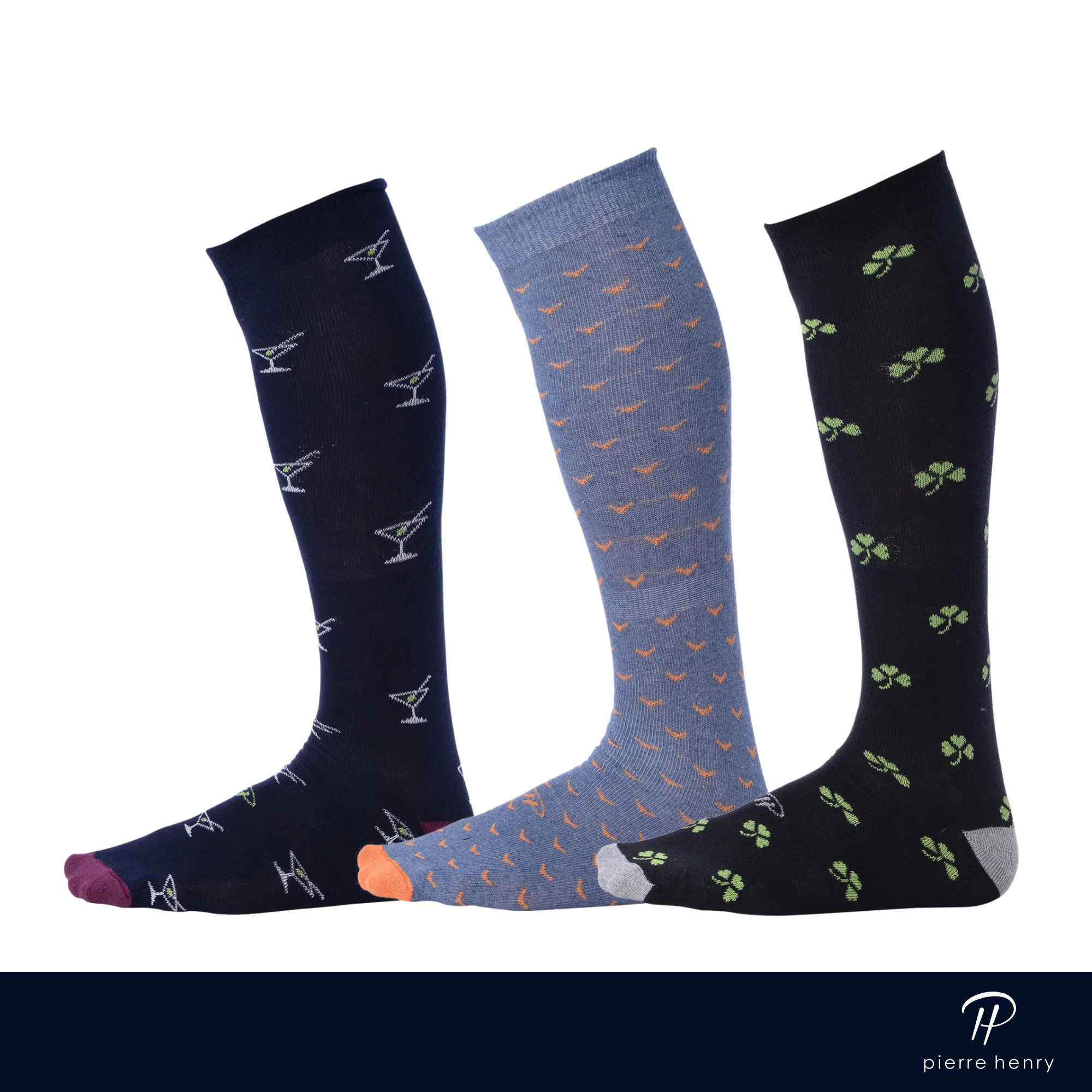 navy over the calf dress socks with cocktails, light blue over the calf dress socks with birds, black over the calf dress socks with clovers