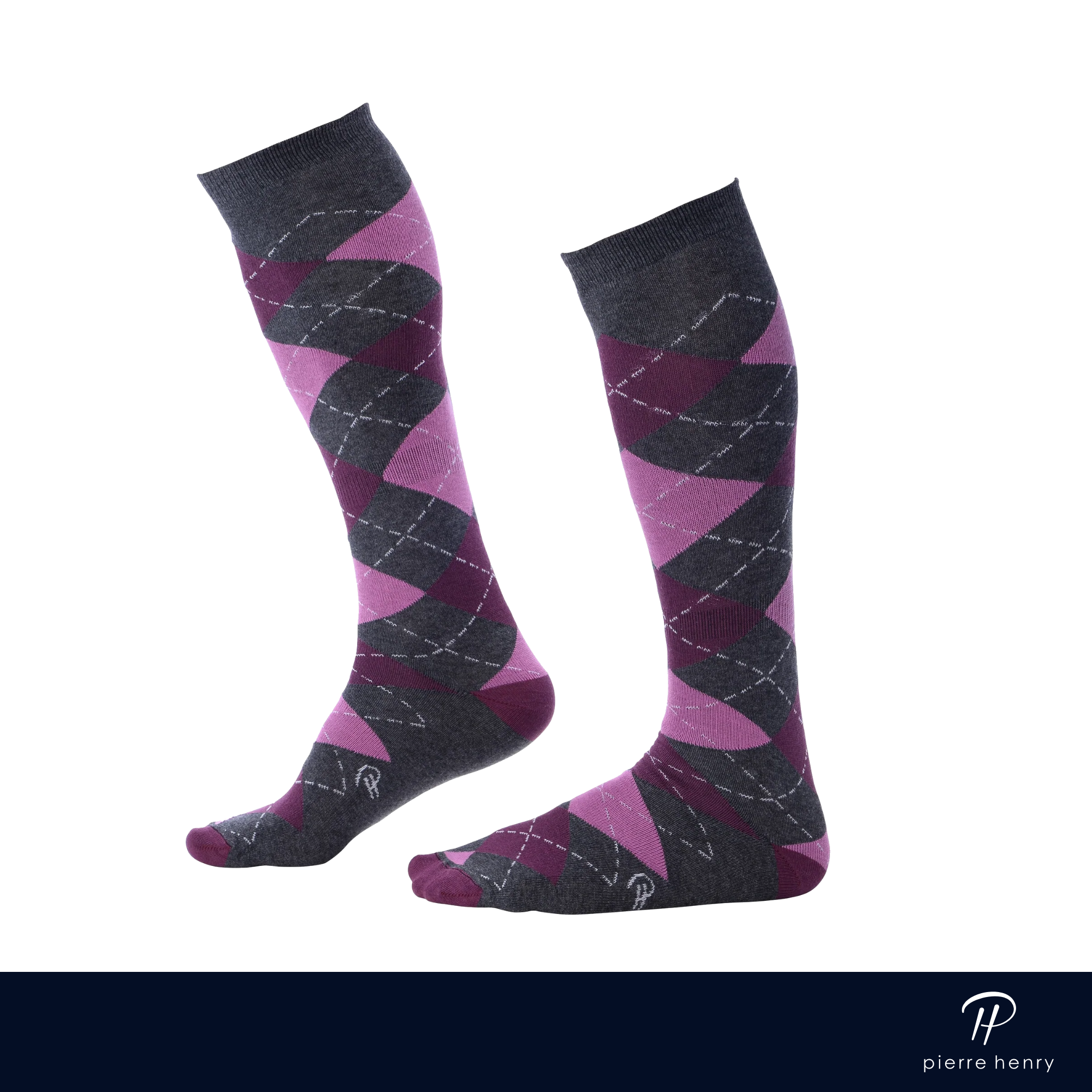 grey over the calf dress socks with pink and burgundy diamond pattern