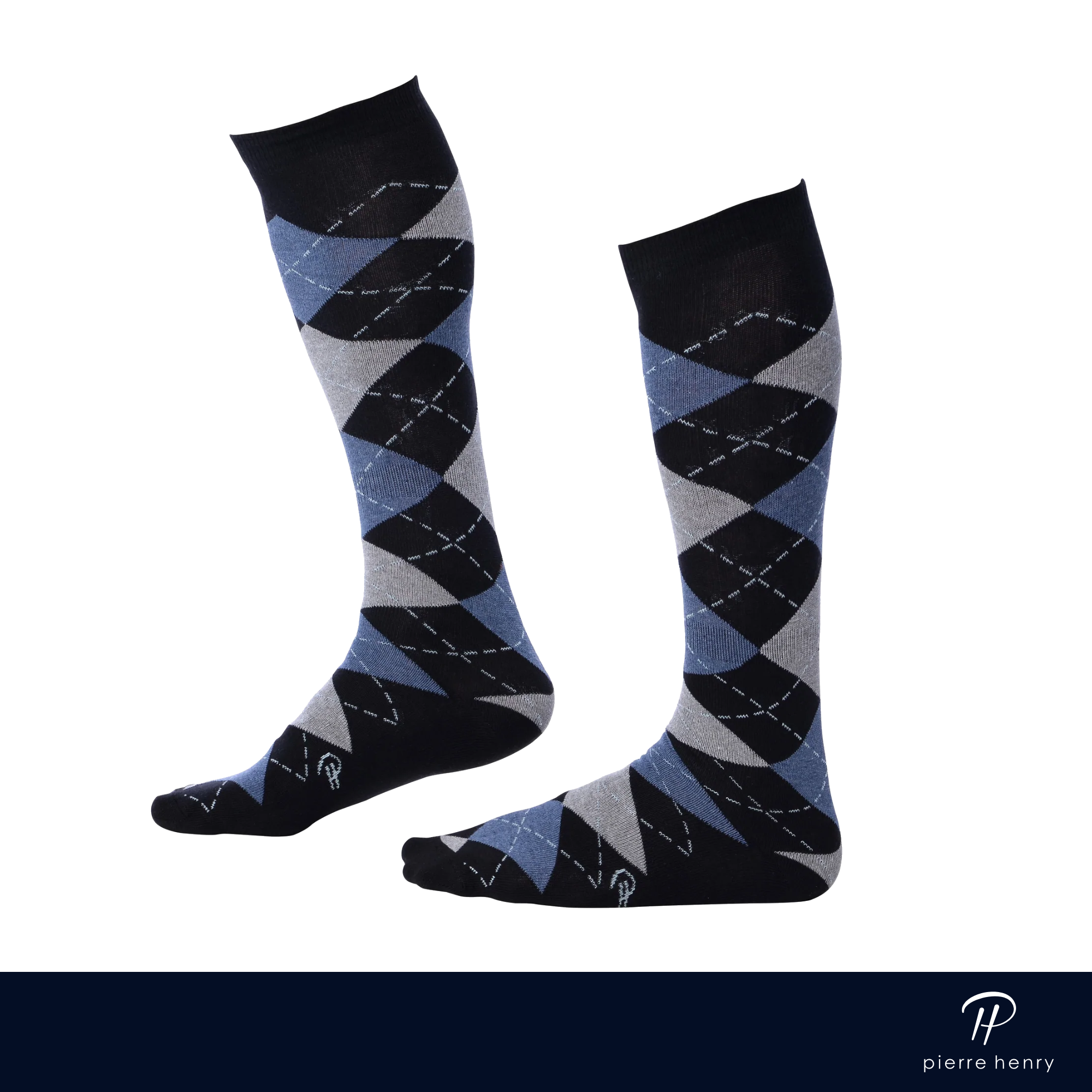 black argyle over the calf dress socks with blue and light grey diamond pattern