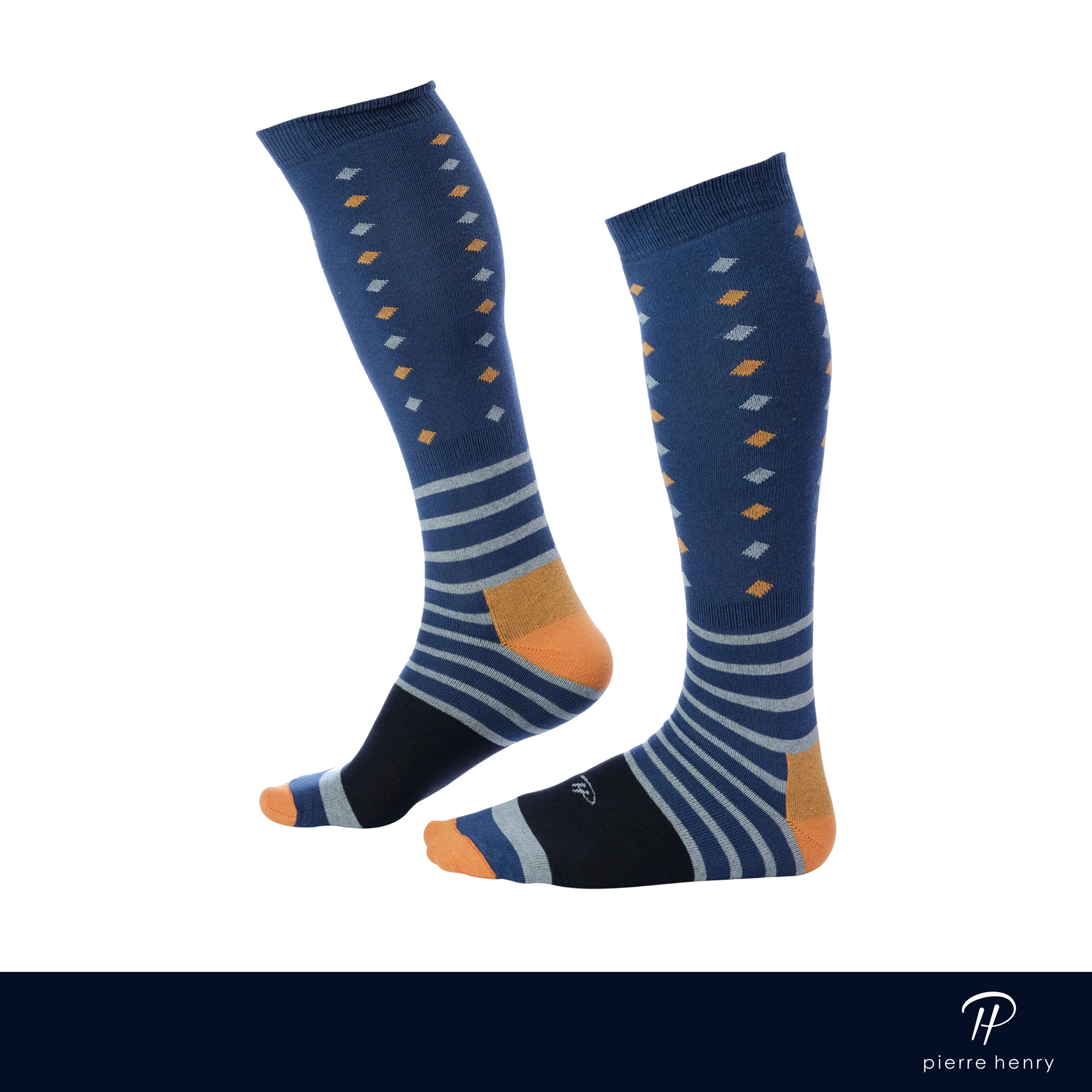 blue over the calf dress socks with orange and light blue diamonds and colored stripes