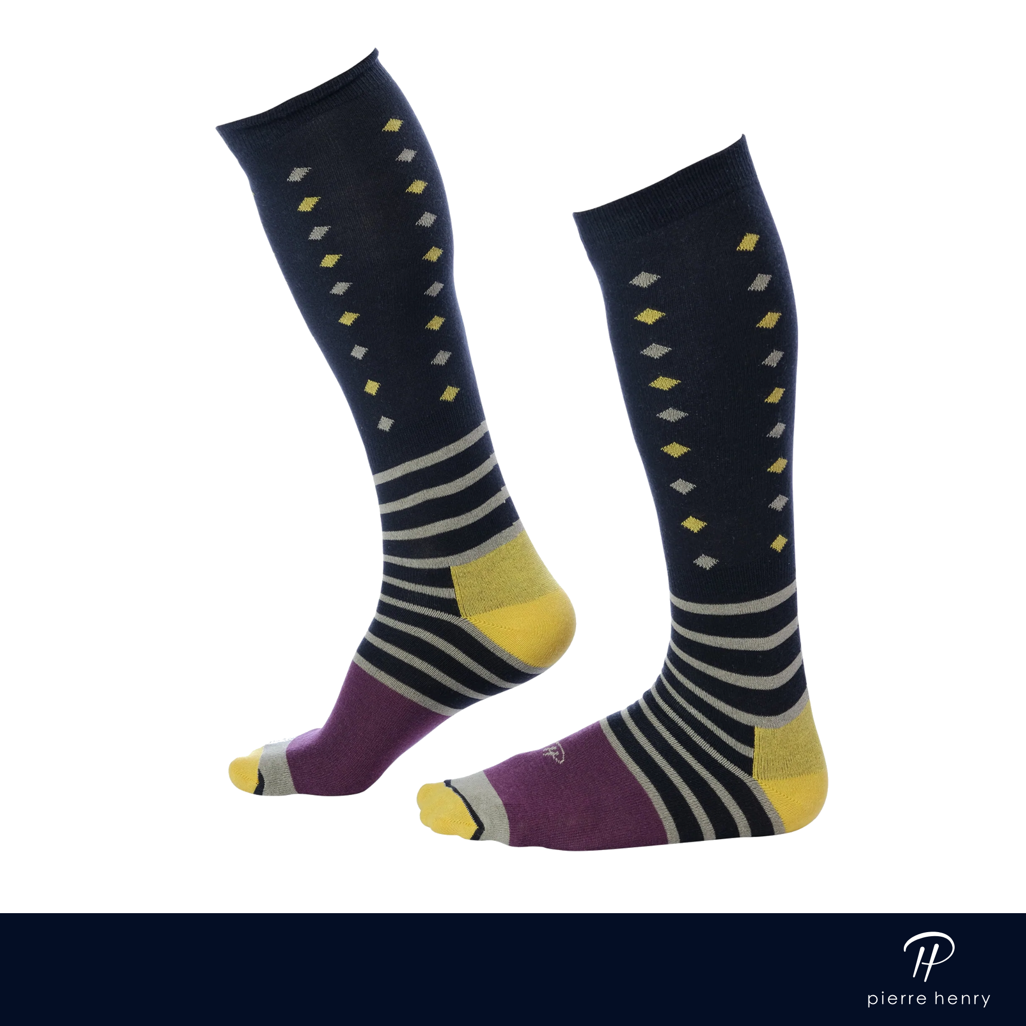black over the calf dress socks with yellow and light grey diamonds and colored stripes