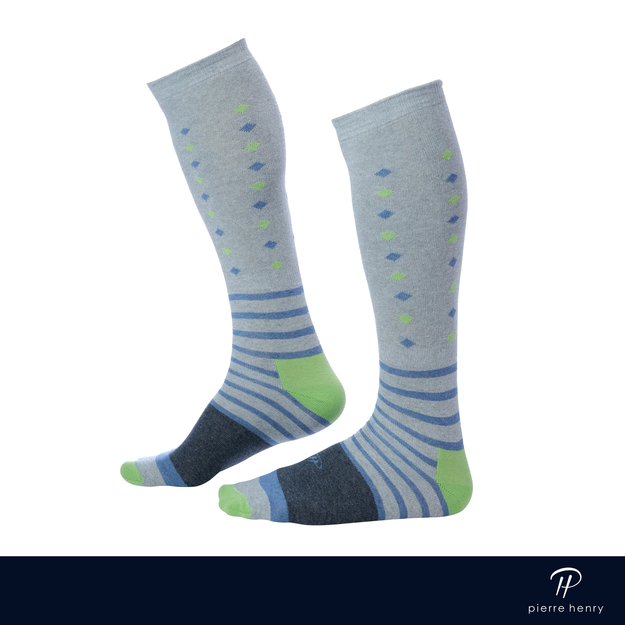 light grey over the calf dress socks with blue and green diamonds and colored stripes