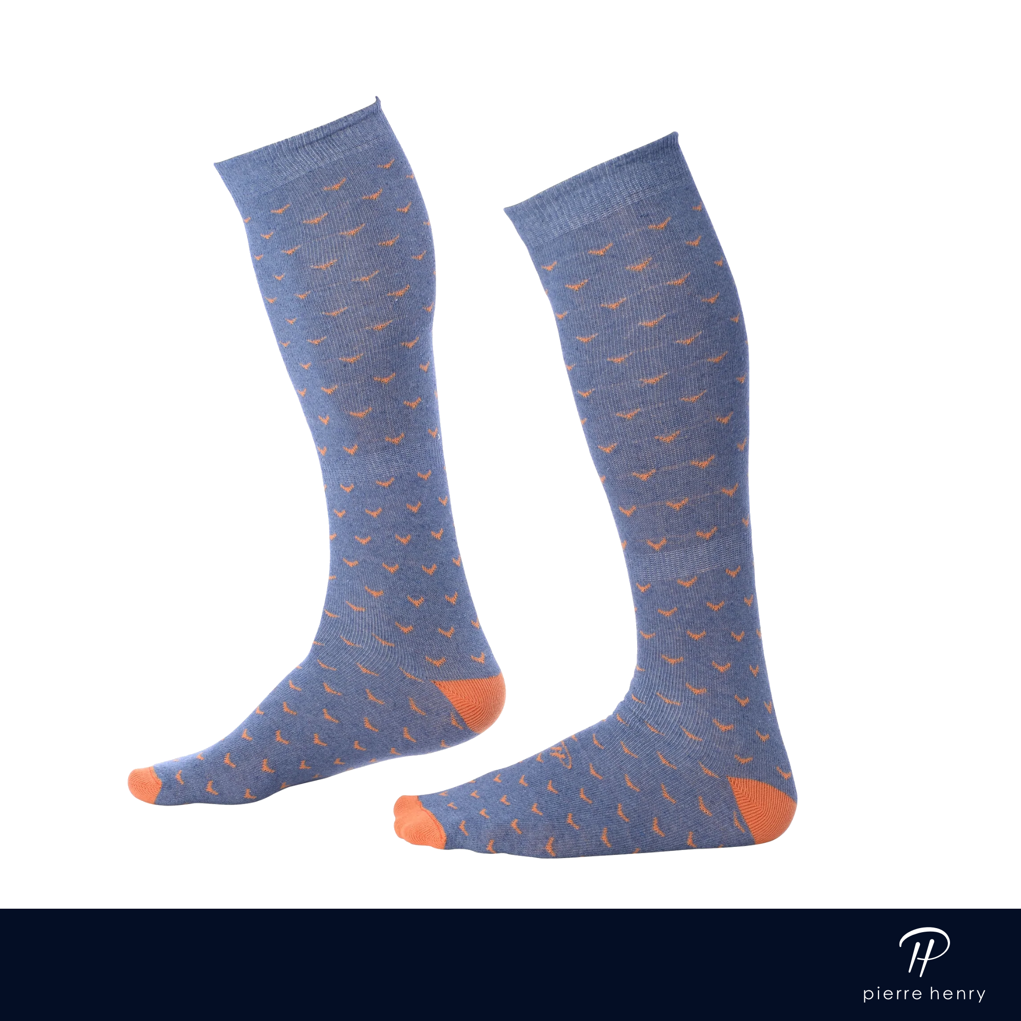 light blue over the calf dress socks with orange bird prints and orange toe and heel