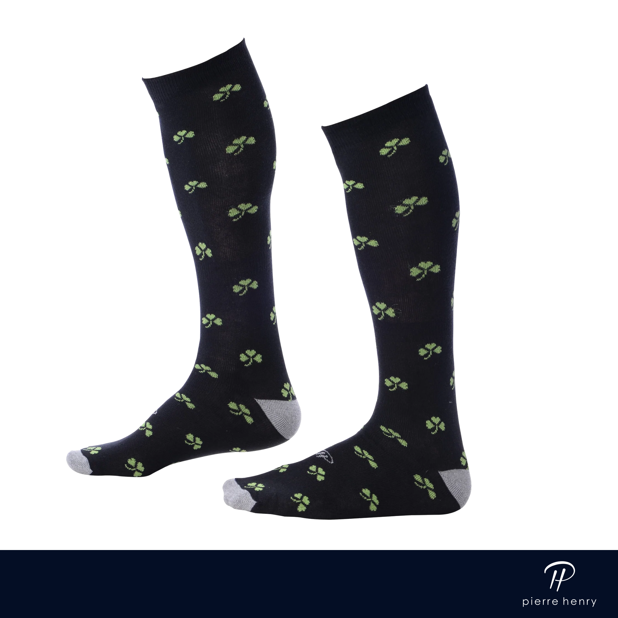 black over the calf dress socks with green clover prints and light grey toe and heel