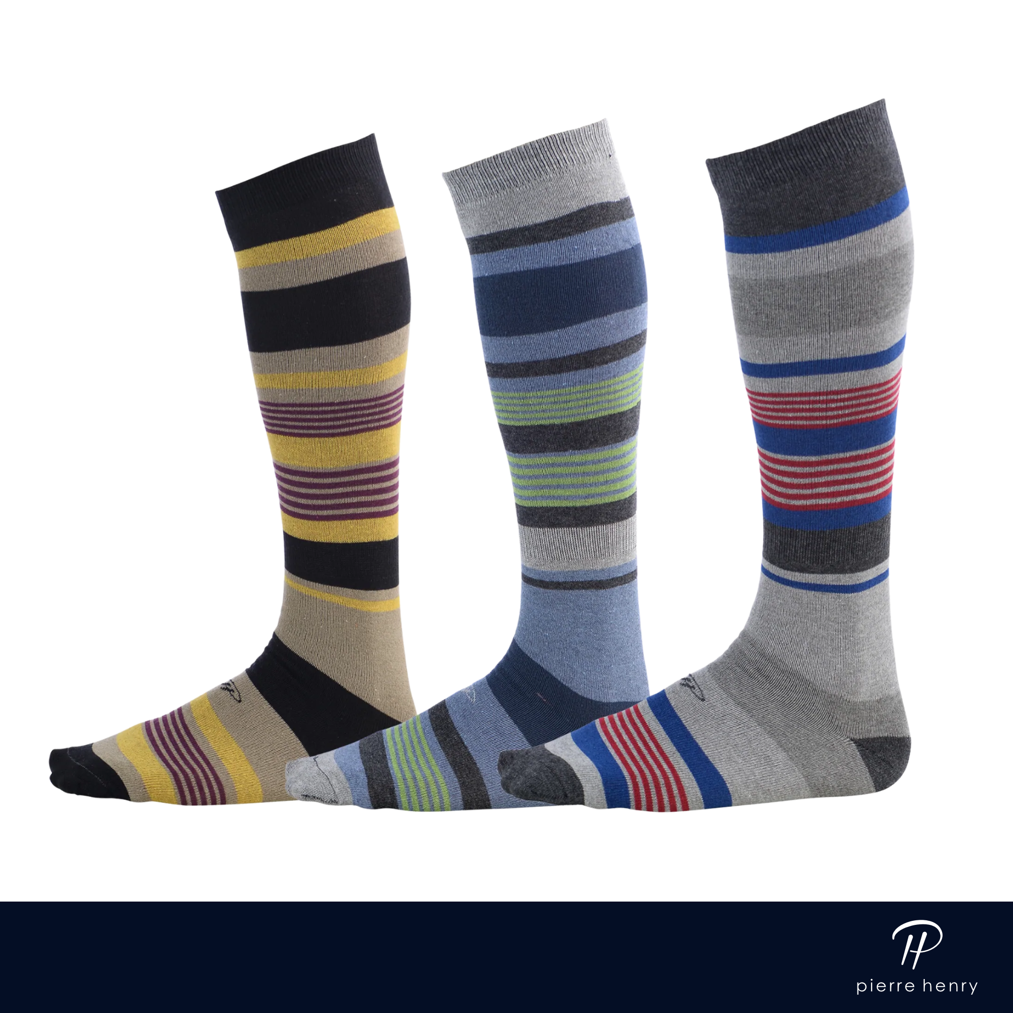beige dress socks with colored stripes, royal blue dress socks with colored stripes, grey dress socks with colored stripes