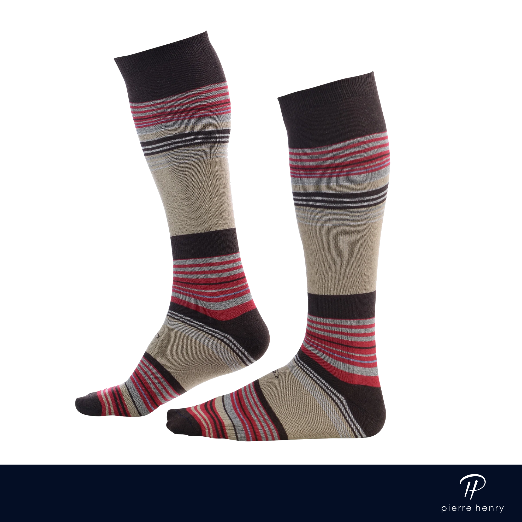 beige over the calf dress socks with brown red and light grey stripes