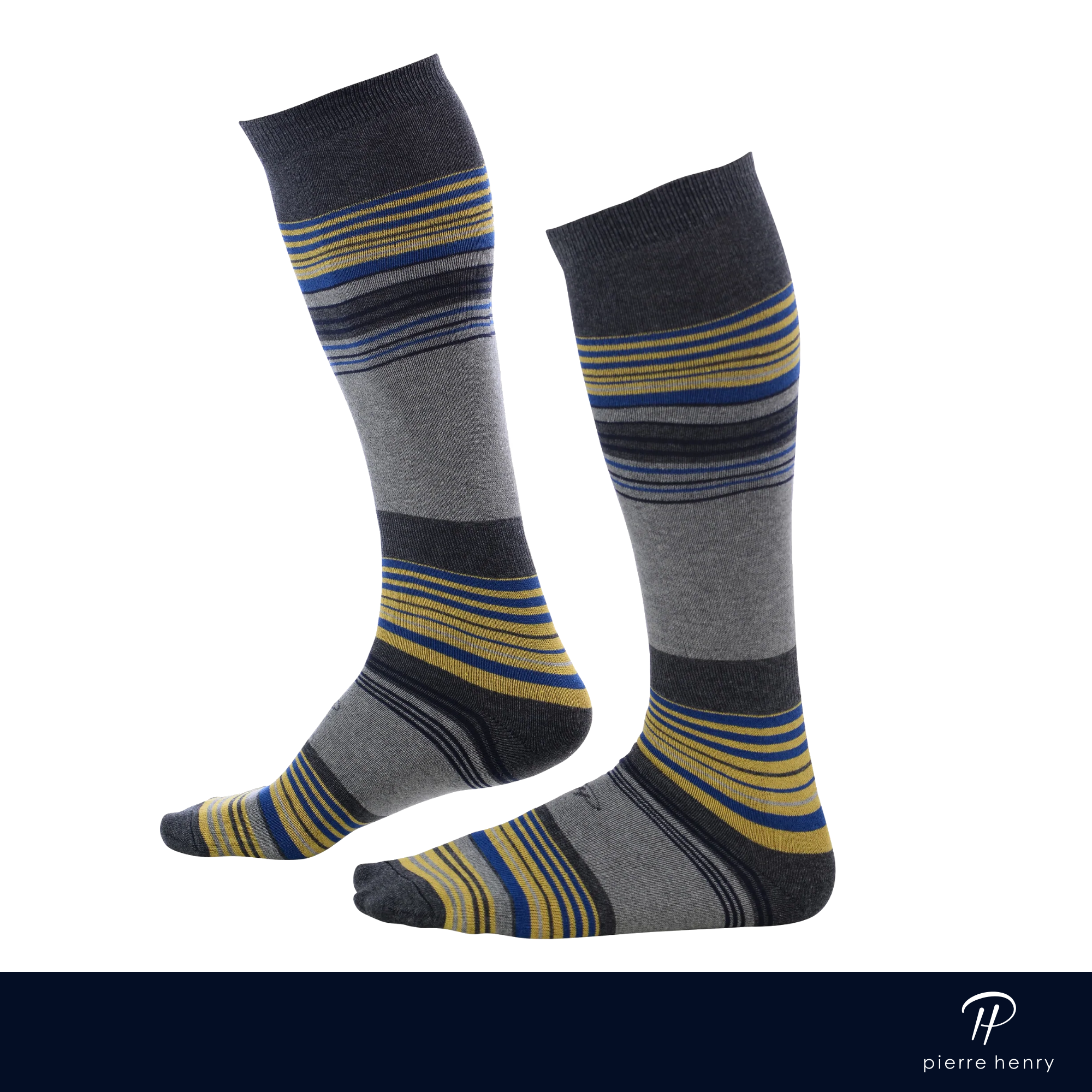light grey over the calf dress socks with grey yellow and blue stripes