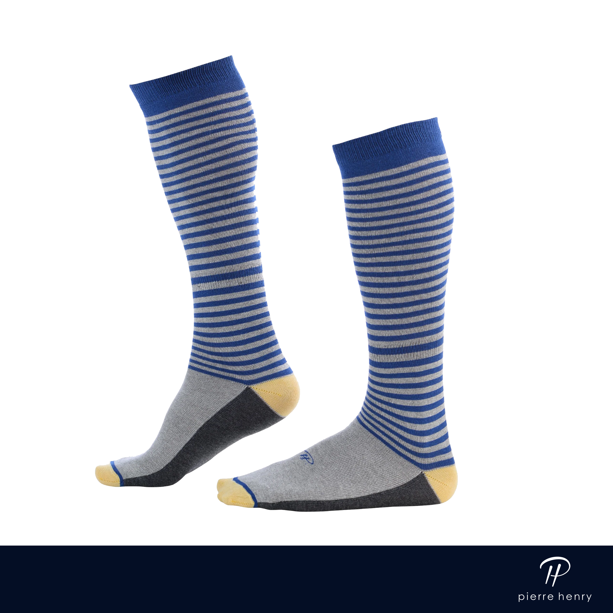 light grey over the calf dress socks with blue stripes light orange toe and heel and grey bottom of foot