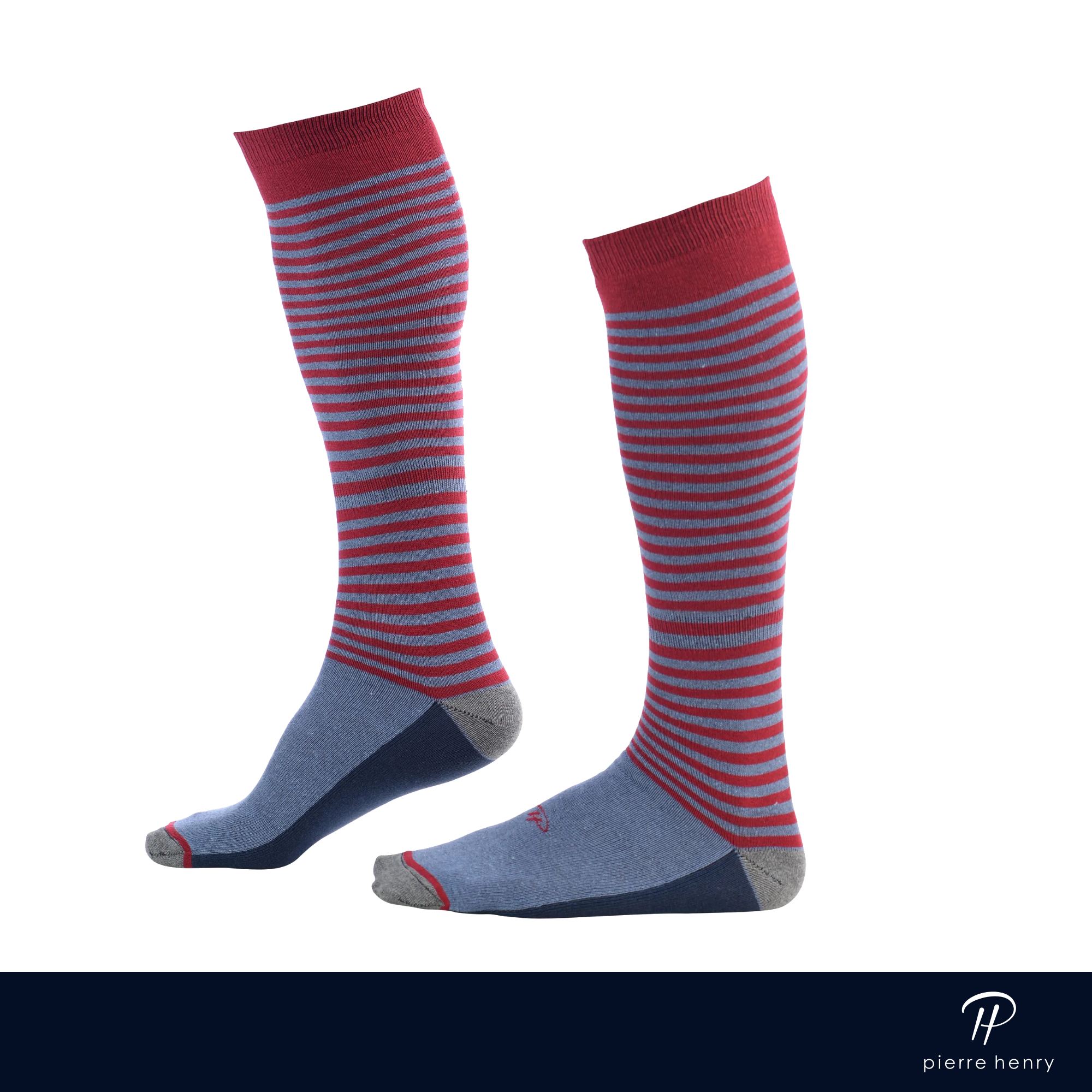 light blue over the calf dress socks with red stripes light grey toe and heel and navy blue bottom