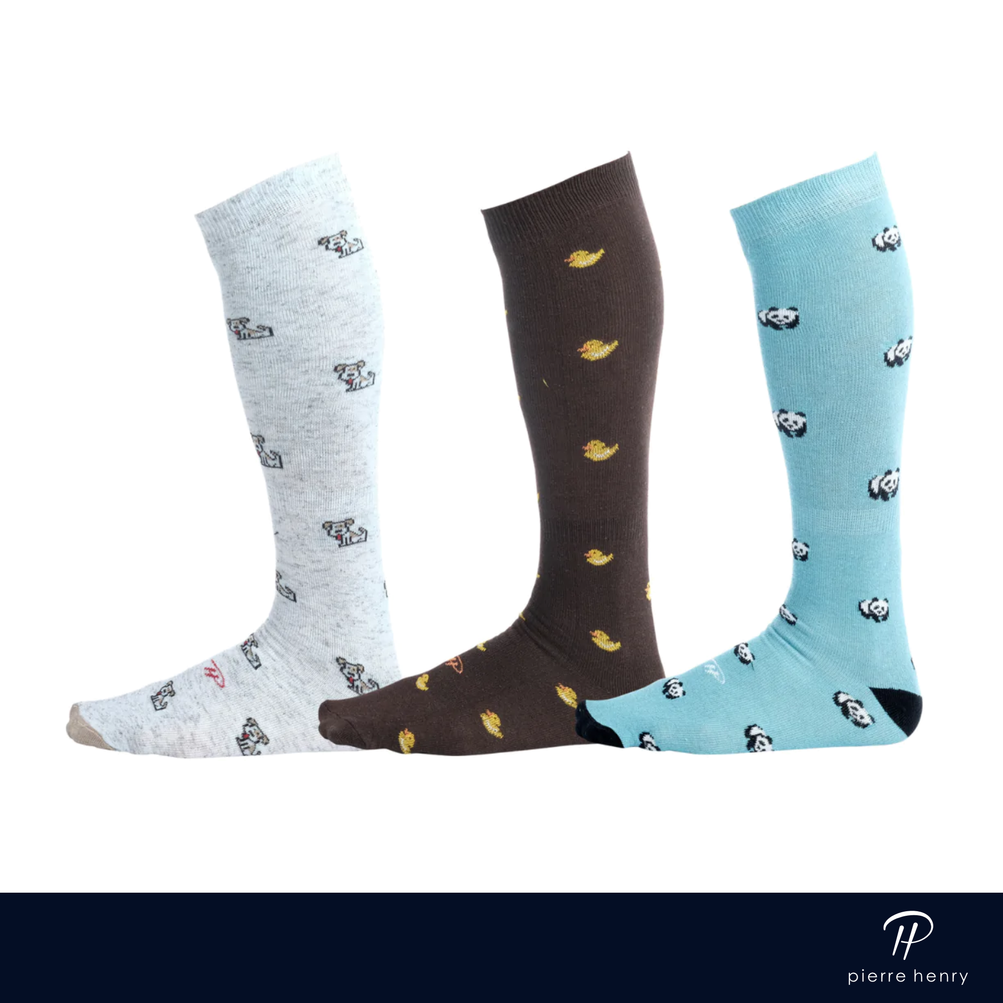 light grey dress socks with dog print, brown dress socks with duck print, light blue dress socks with penguin print