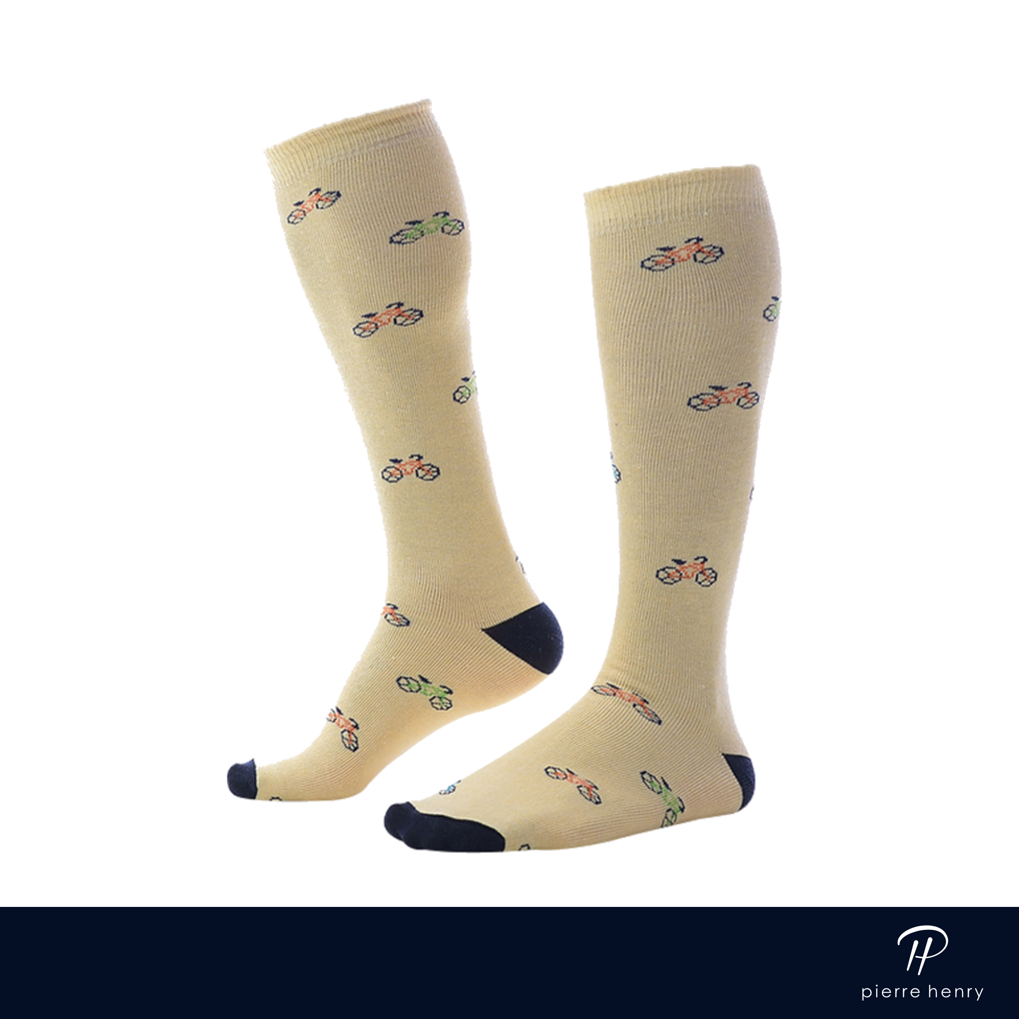 beige over the calf dress socks with black toe and heel and green and orange cycle prints