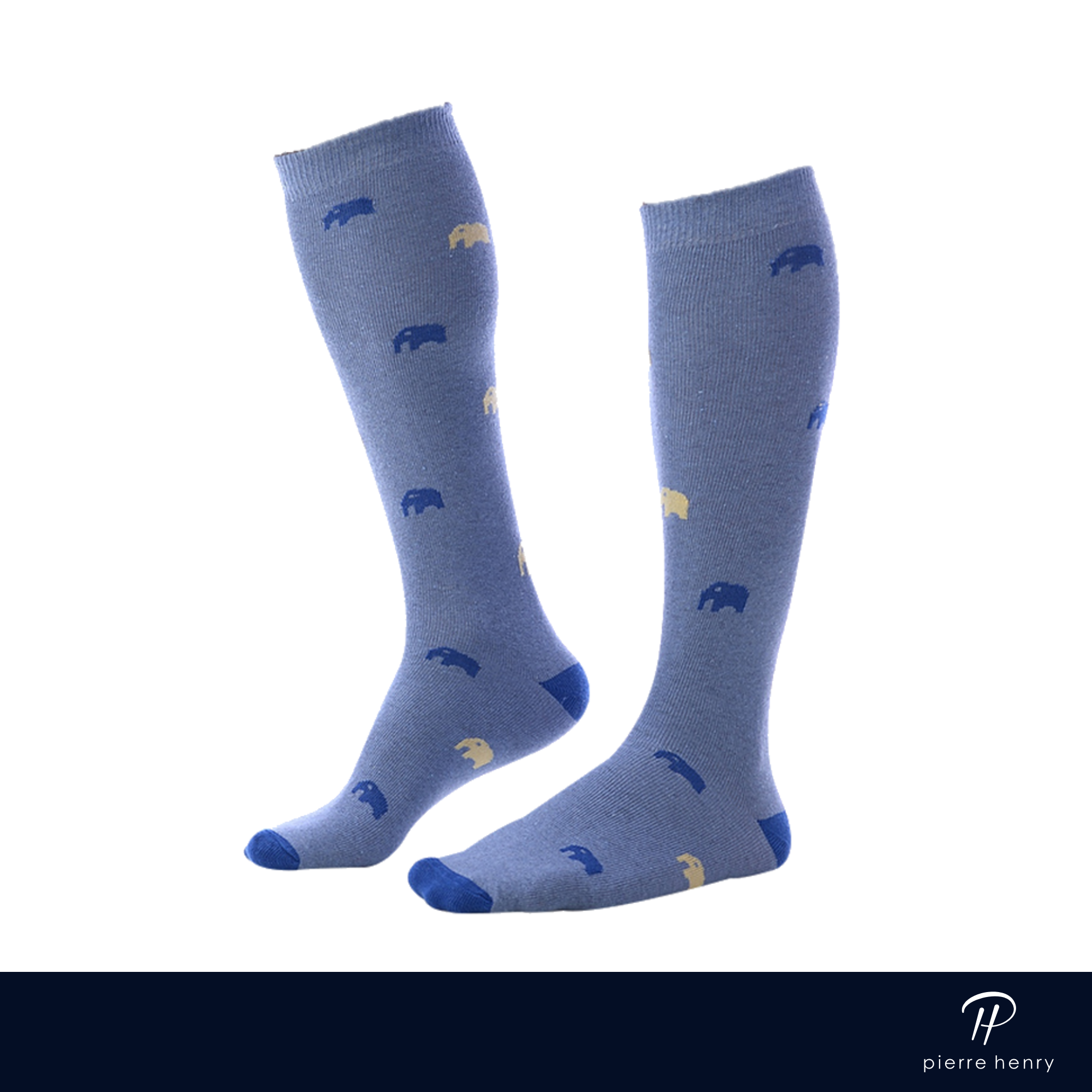 blue over the calf dress socks with blue toe and heel and blue and beige elephant prints