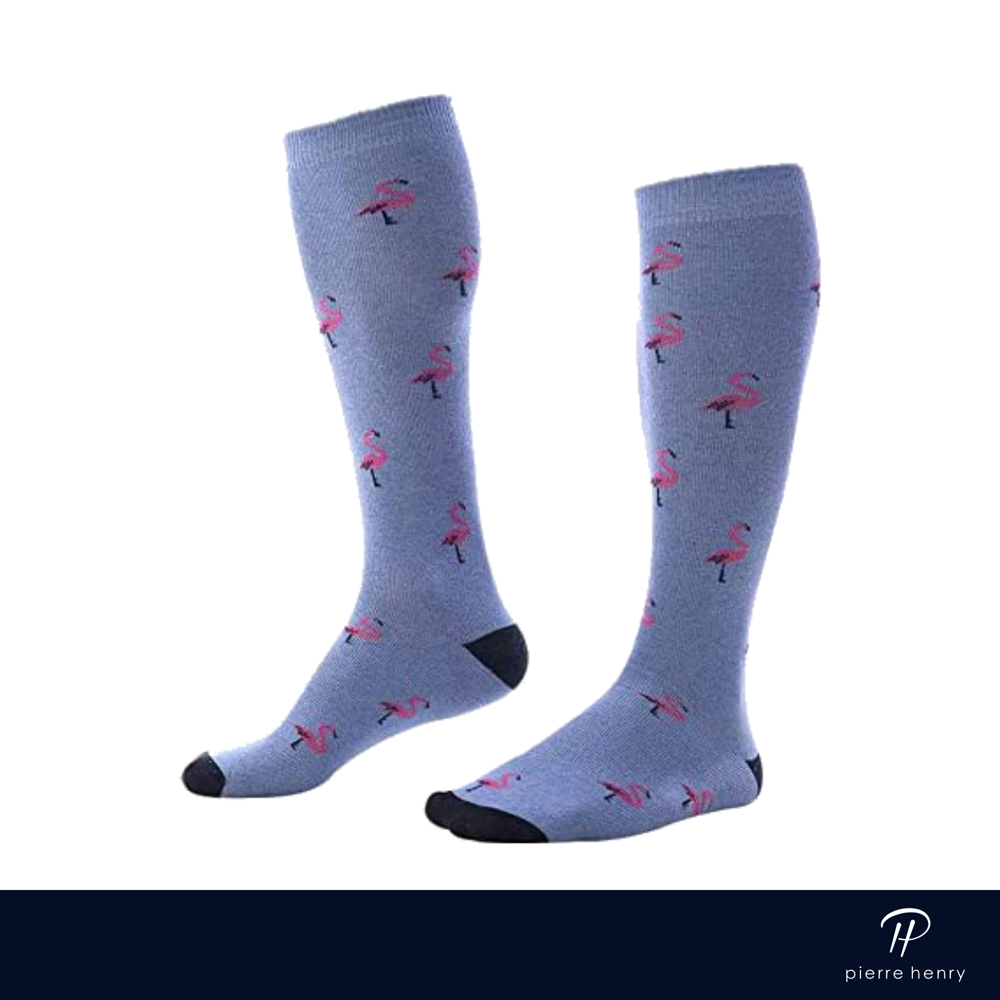 light blue over the calf dress socks with black toe and heel and pink flamingo prints