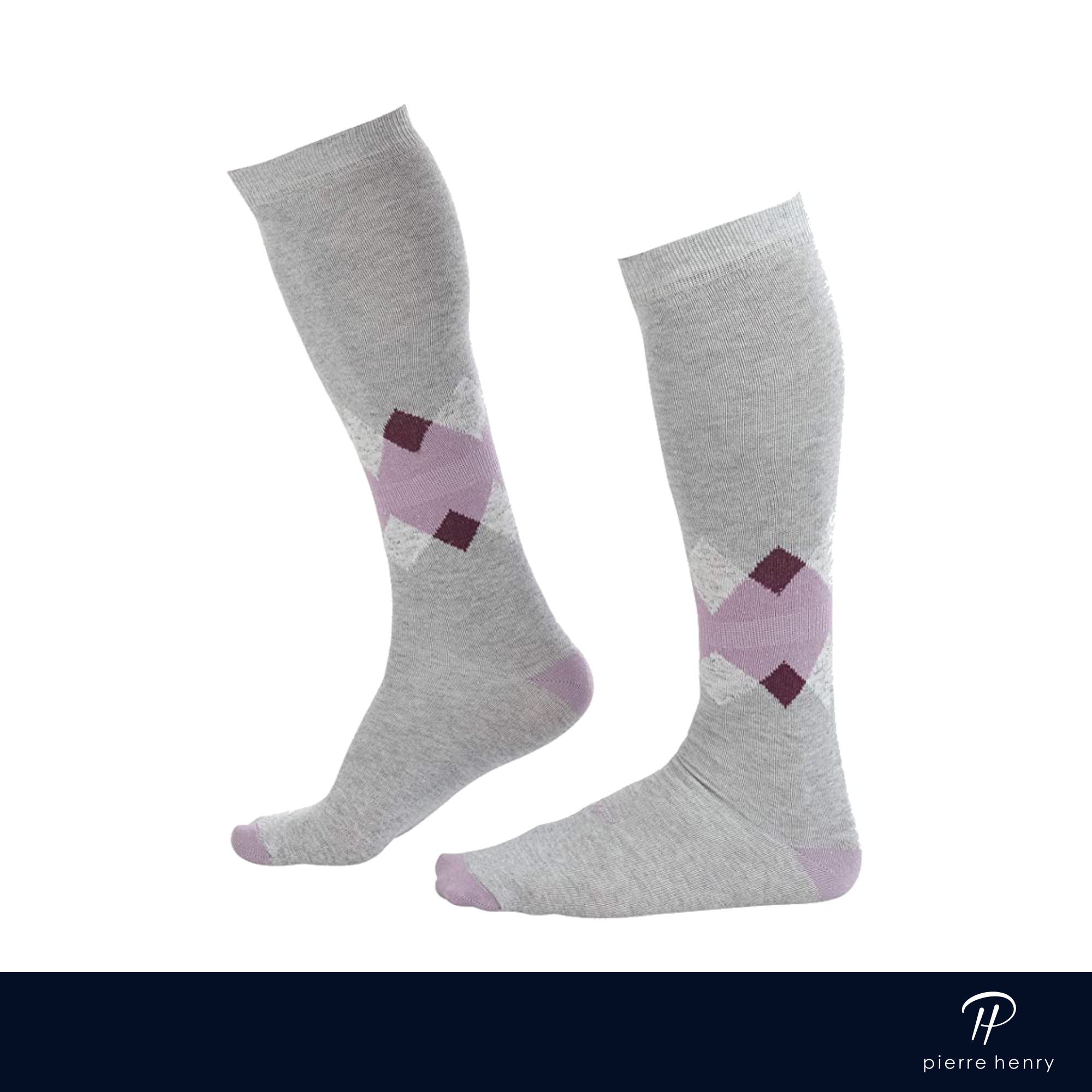 light grey over the calf dress socks with pink toe and heel and burgundy and pink diamond on ankle