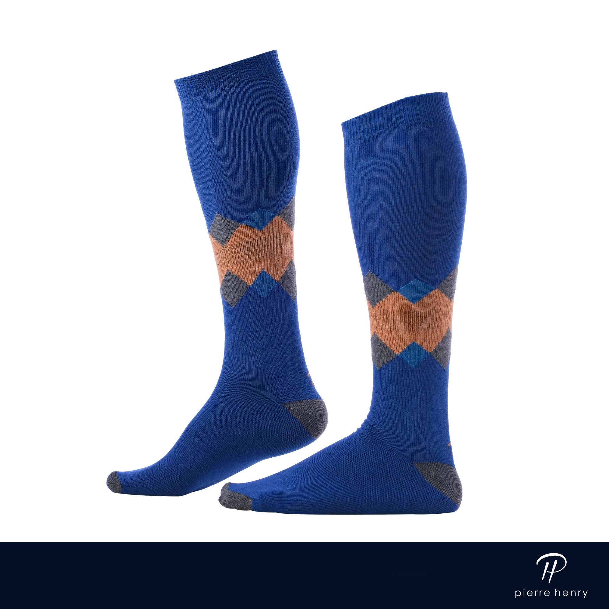 royal blue over the calf dress socks with grey toe and heel and grey and orange diamonds on ankle 