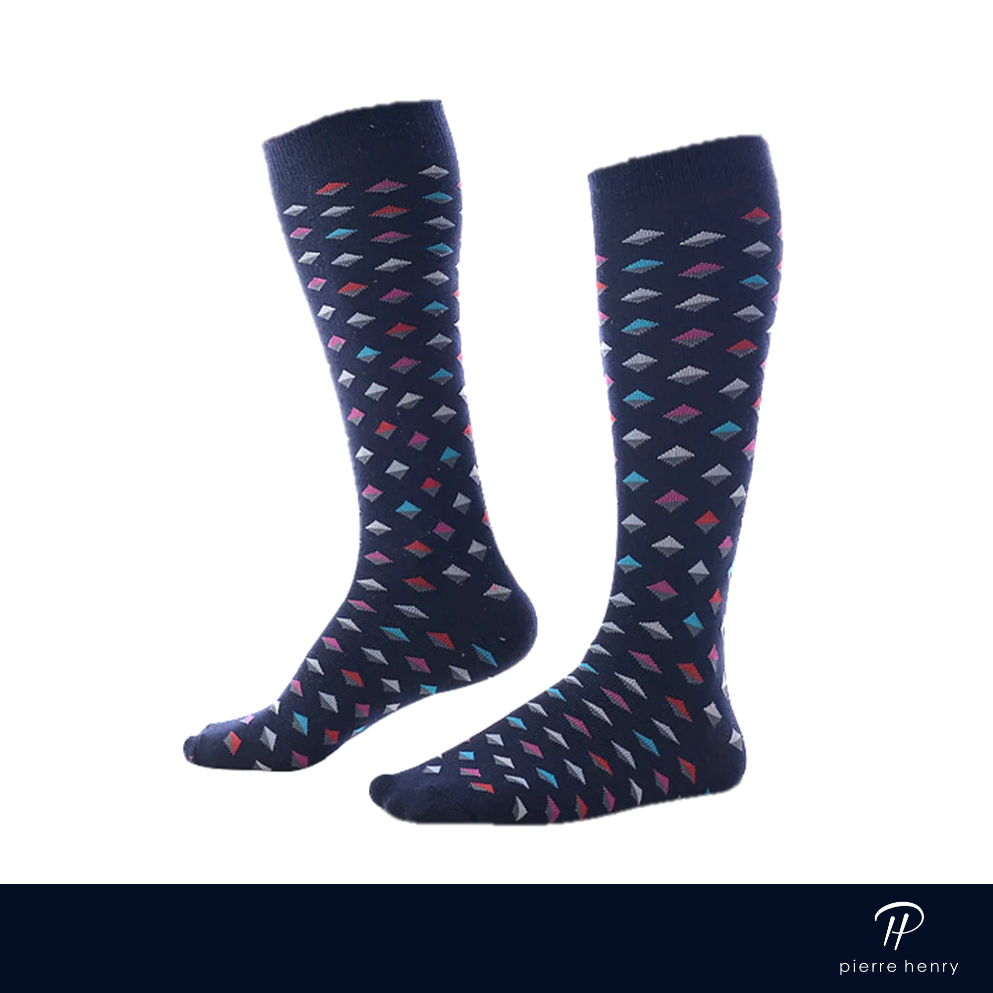 navy blue over the calf dress socks with various colored diamond prints