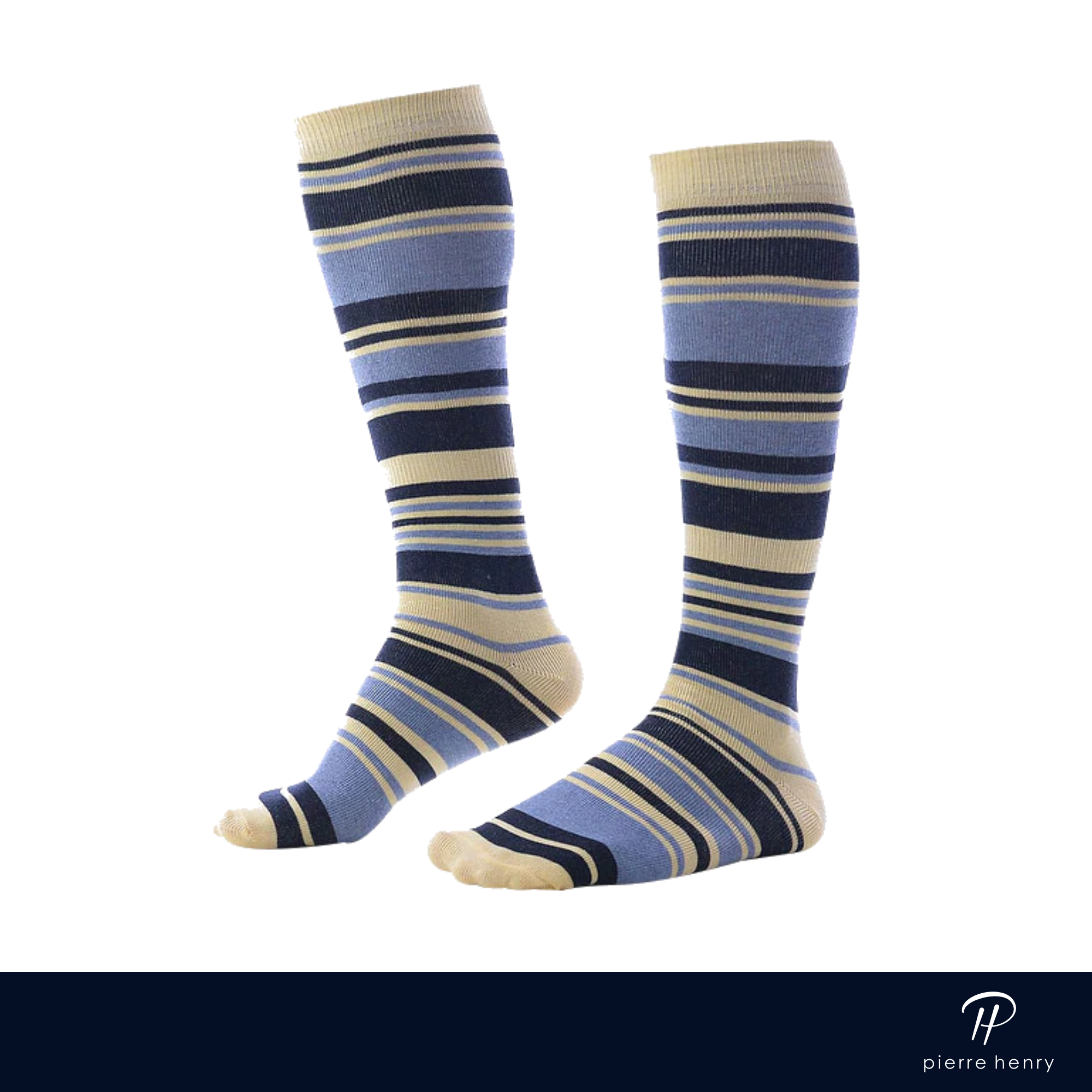 beige navy blue and blue striped over the calf dress socks
