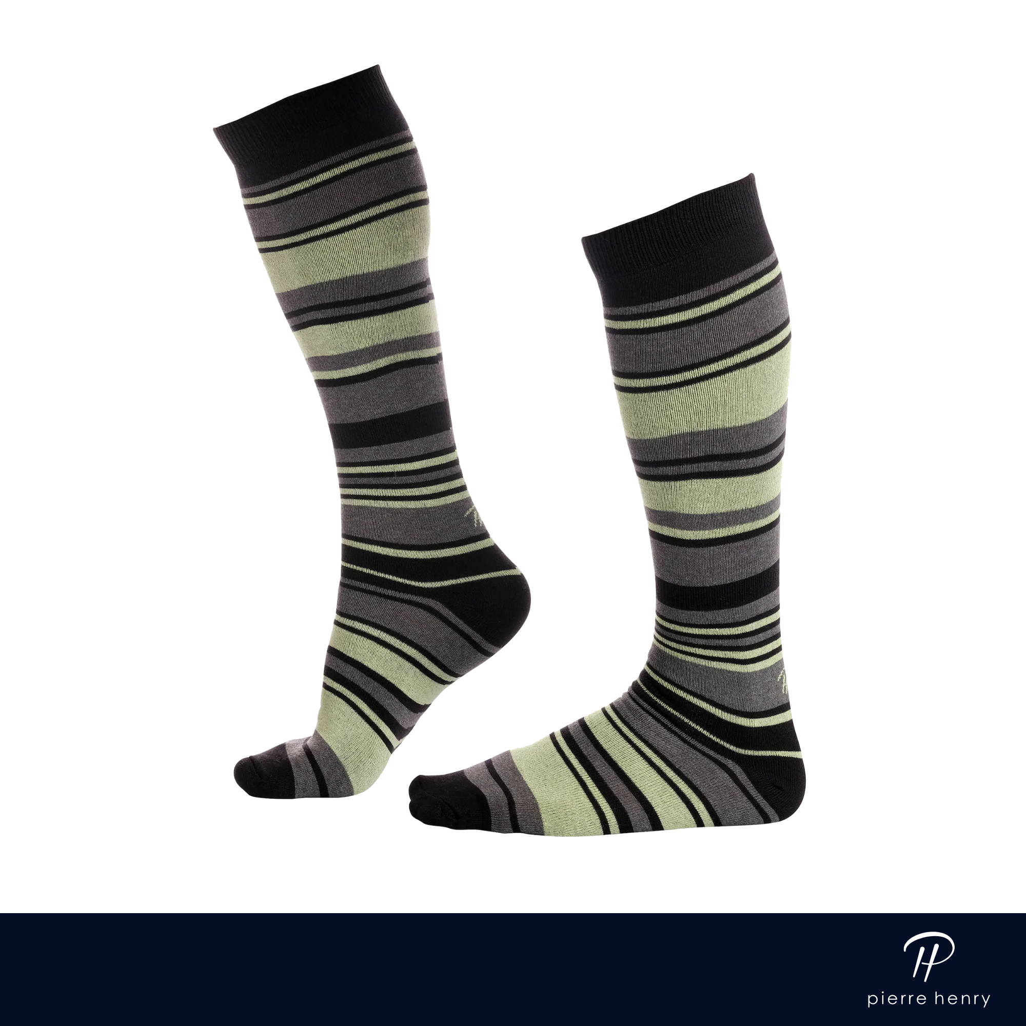grey black and green striped over the calf dress socks