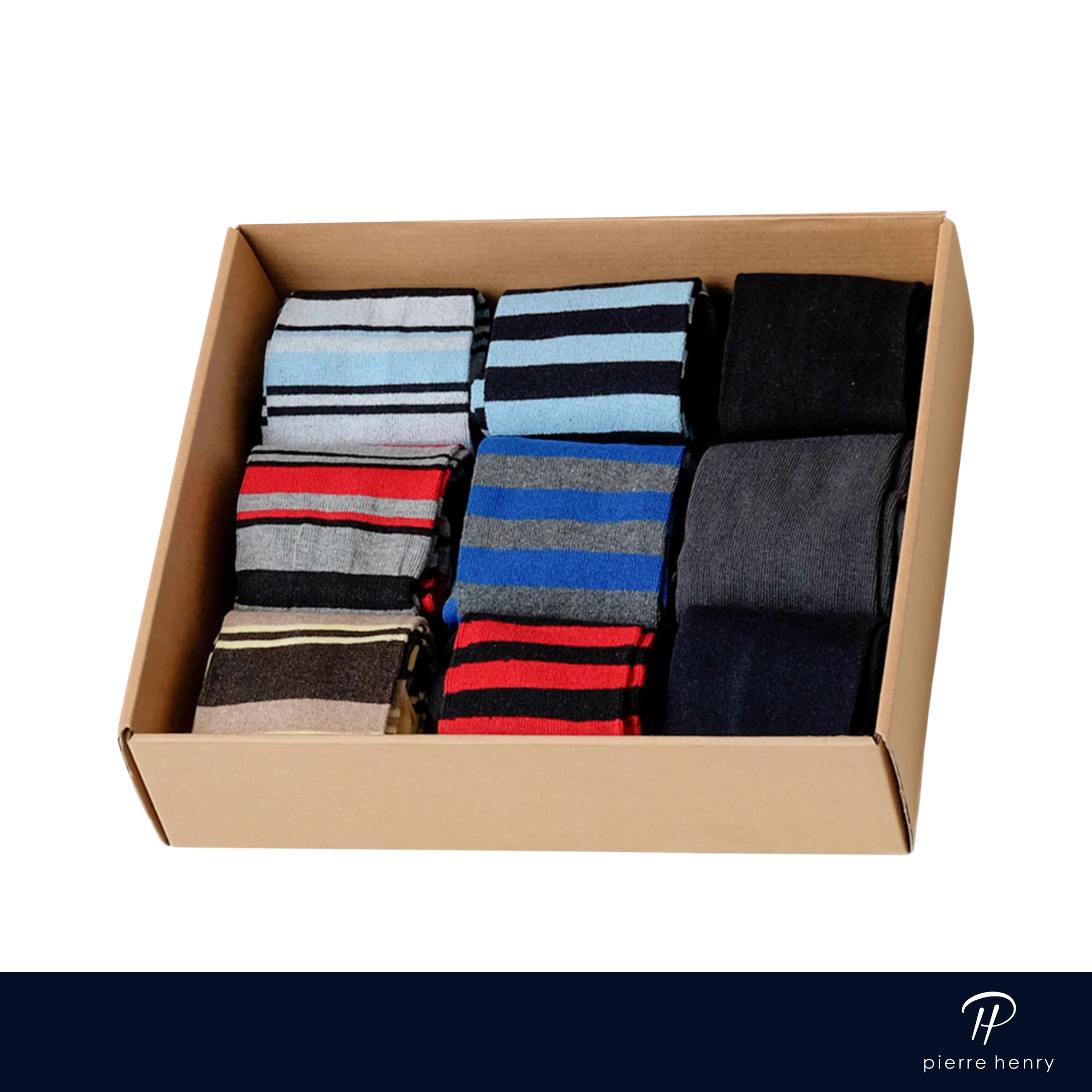 box of dress socks for men, light blue dress socks, black dress socks, red dress socks, yellow dress socks, striped dress socks, solid dress socks.