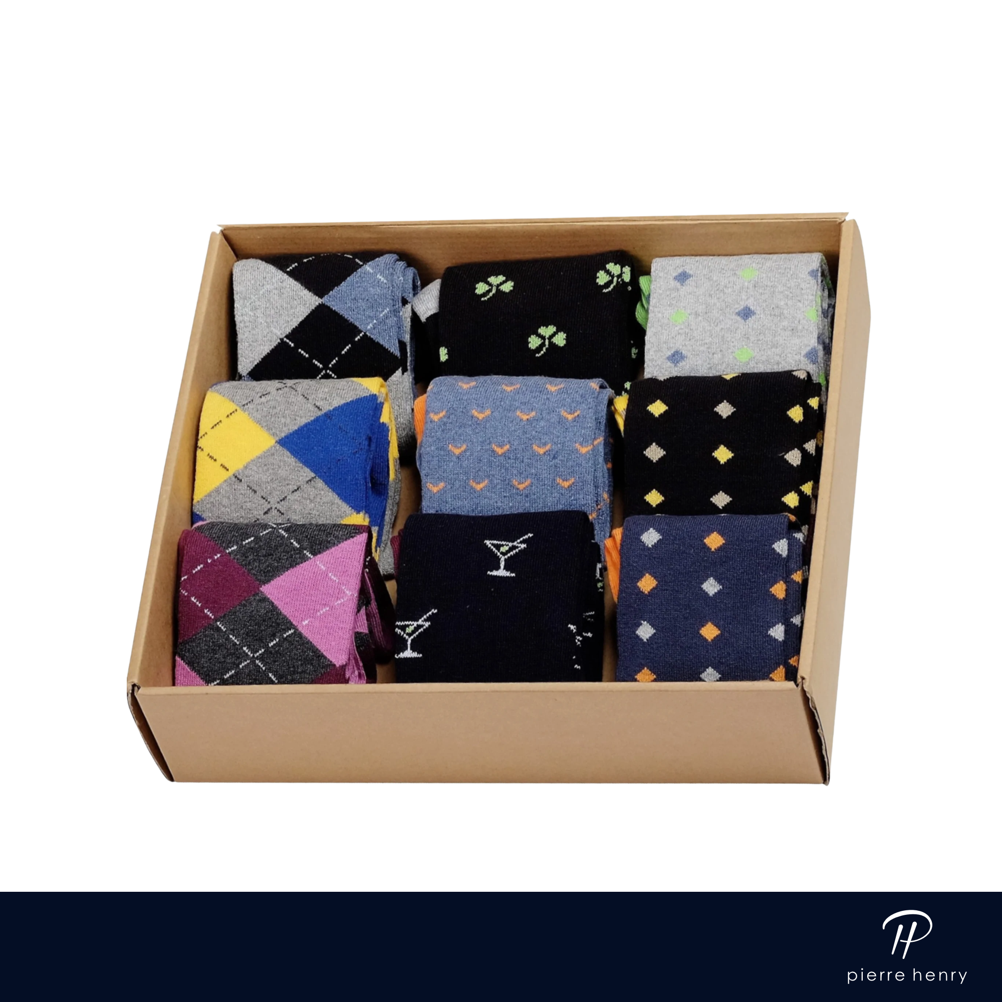 box of dress socks for men, grey dress socks, black dress socks,  argyle dress socks, diamond dress socks, patterned dress socks